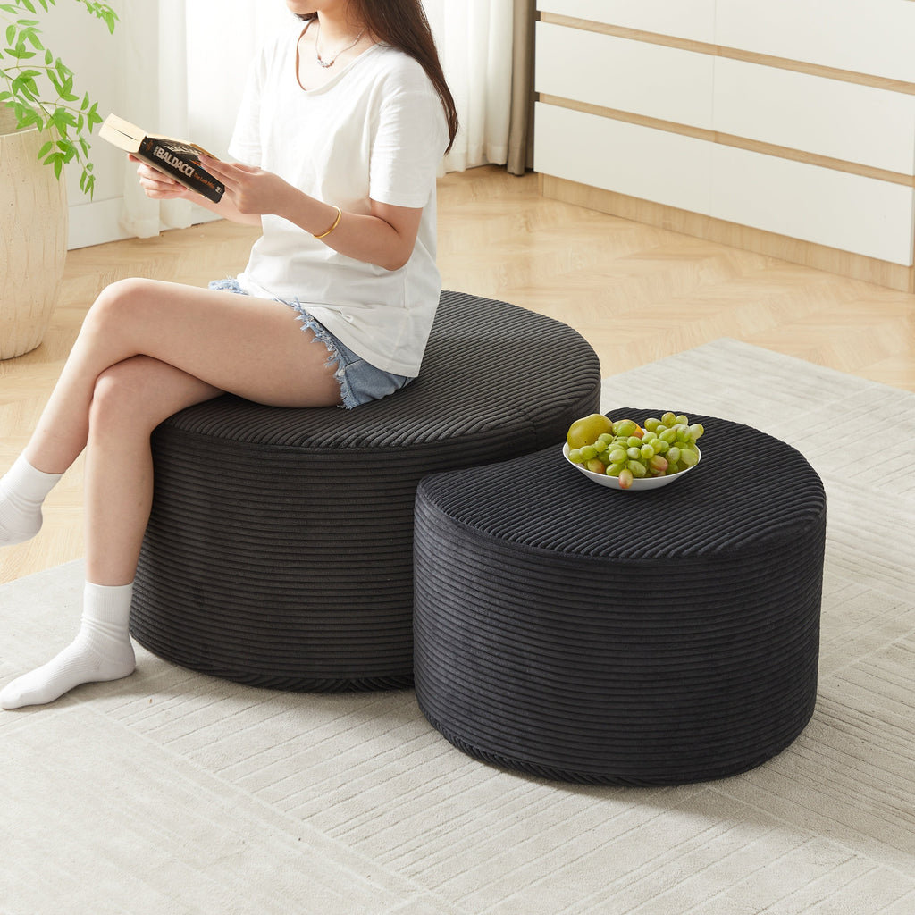Upholstered Round Coffee Table Set of 2, Black Corduroy Fabric, No Assembly