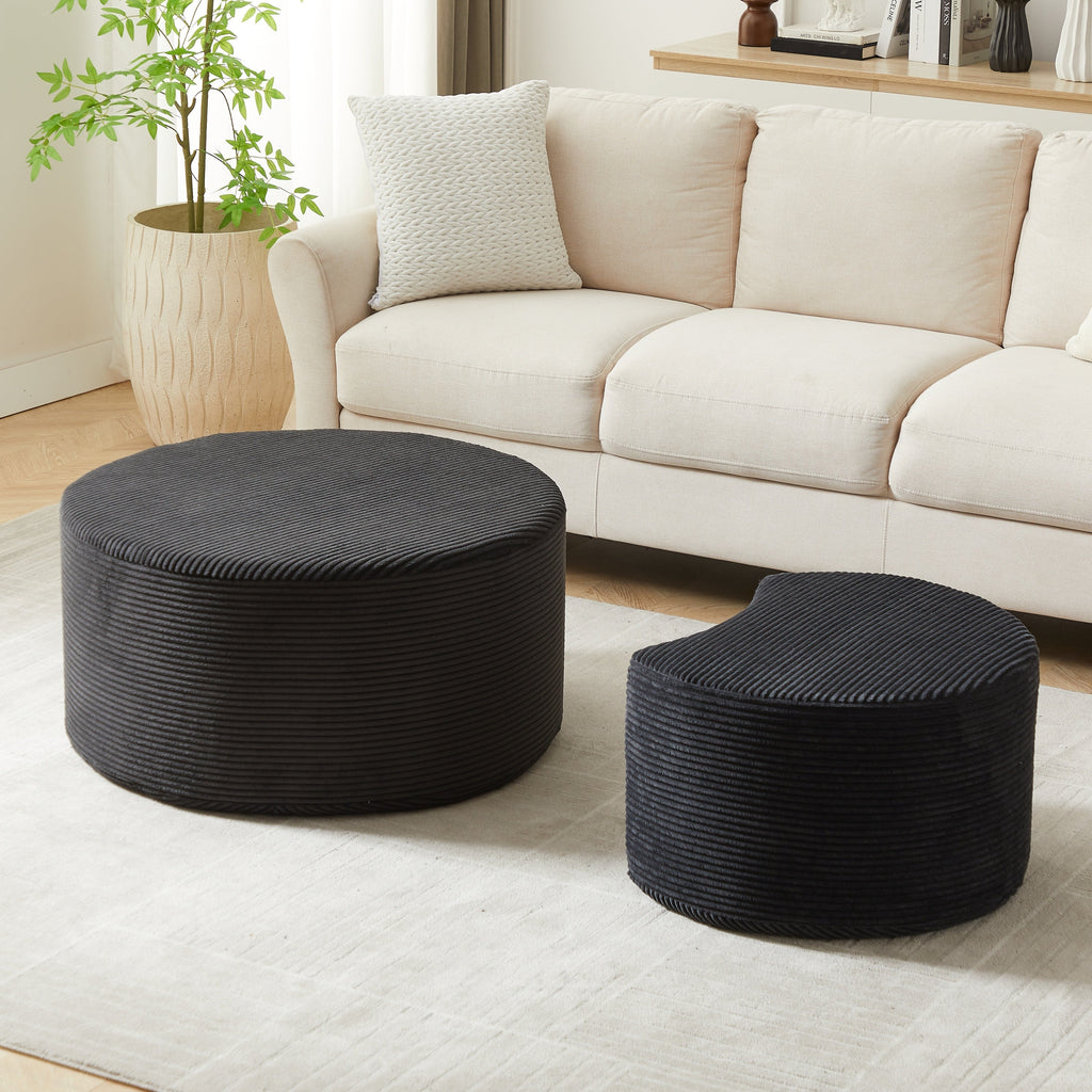 Upholstered Round Coffee Table Set of 2, Black Corduroy Fabric, No Assembly