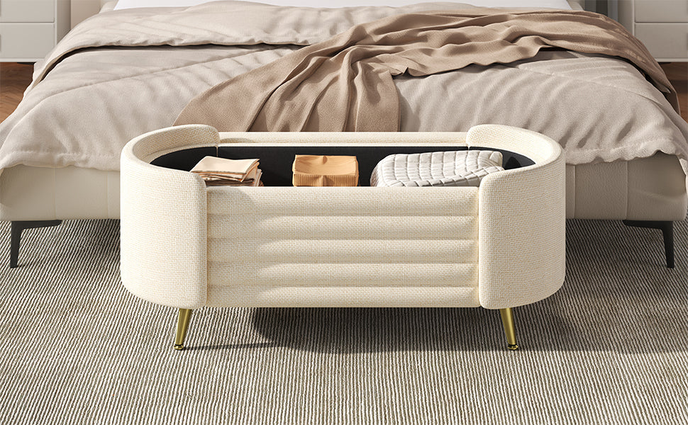Storage Ottoman Modern Oval Beige Chenille with Metal Legs 44.9l X 18.3W X 18.5h