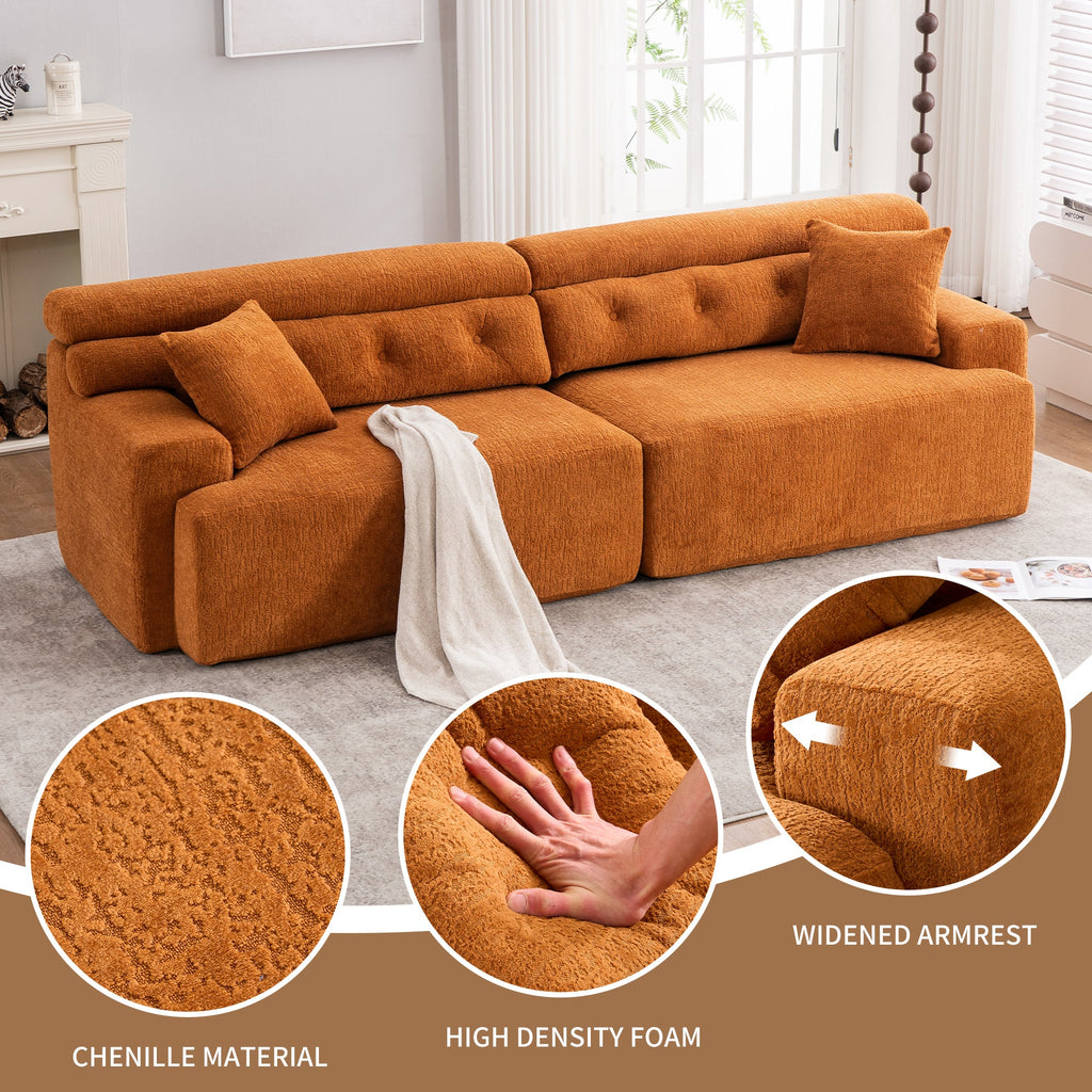 Reconfigurable 4-Seater Sectional Sofa with Wood Grain Chenille Fabric, Amber Orange Modular Sofa with 2 Pillows, High-Density Sponge Couch for Living Room & Apartment