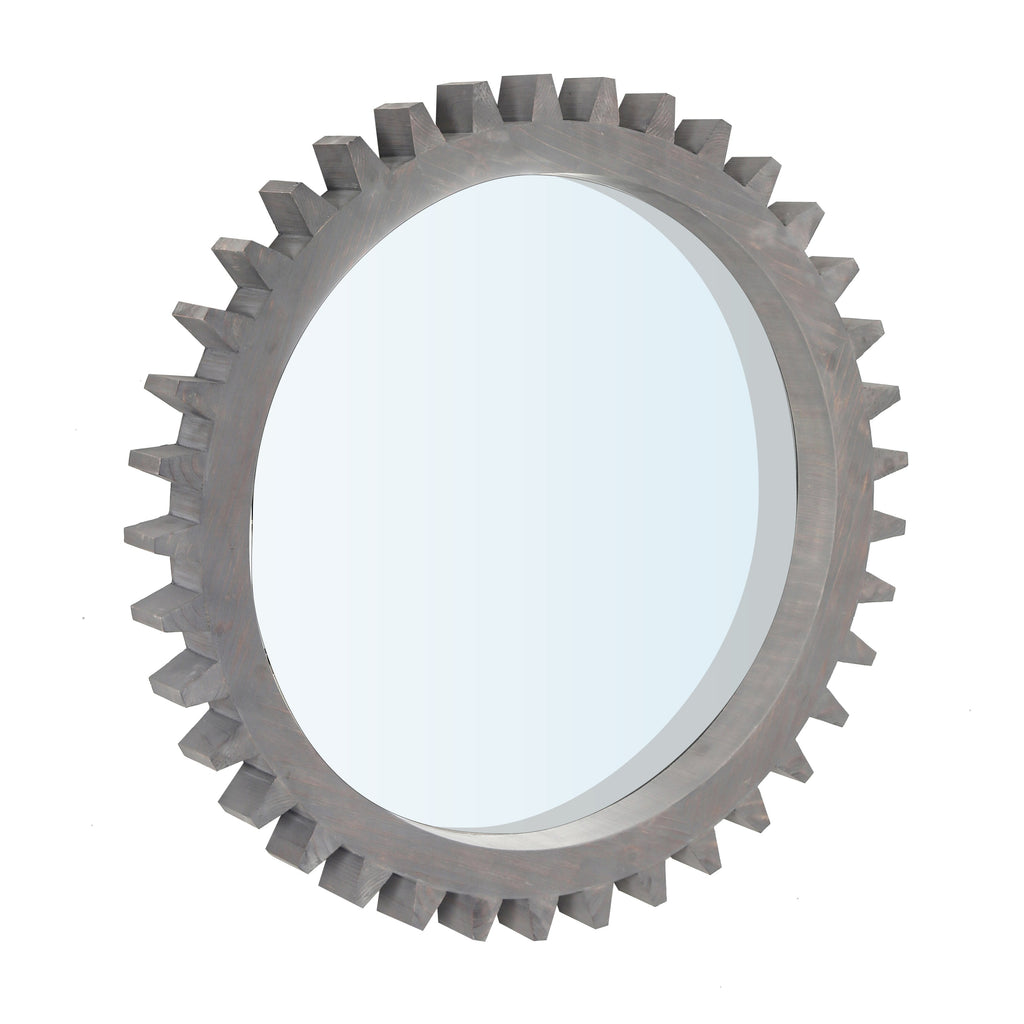 Wall Mirror Round Gear Shape Antique Dark Brown Wood 17x17 Inch Living Room