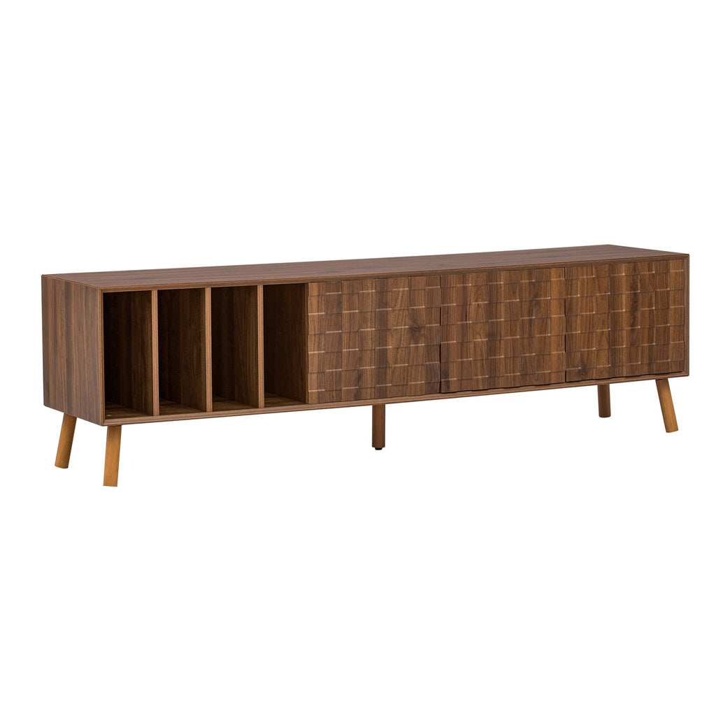 TV Stand Mid-Century Walnut Solid Wood MDF Push-Pop Doors Fits 80 In TV