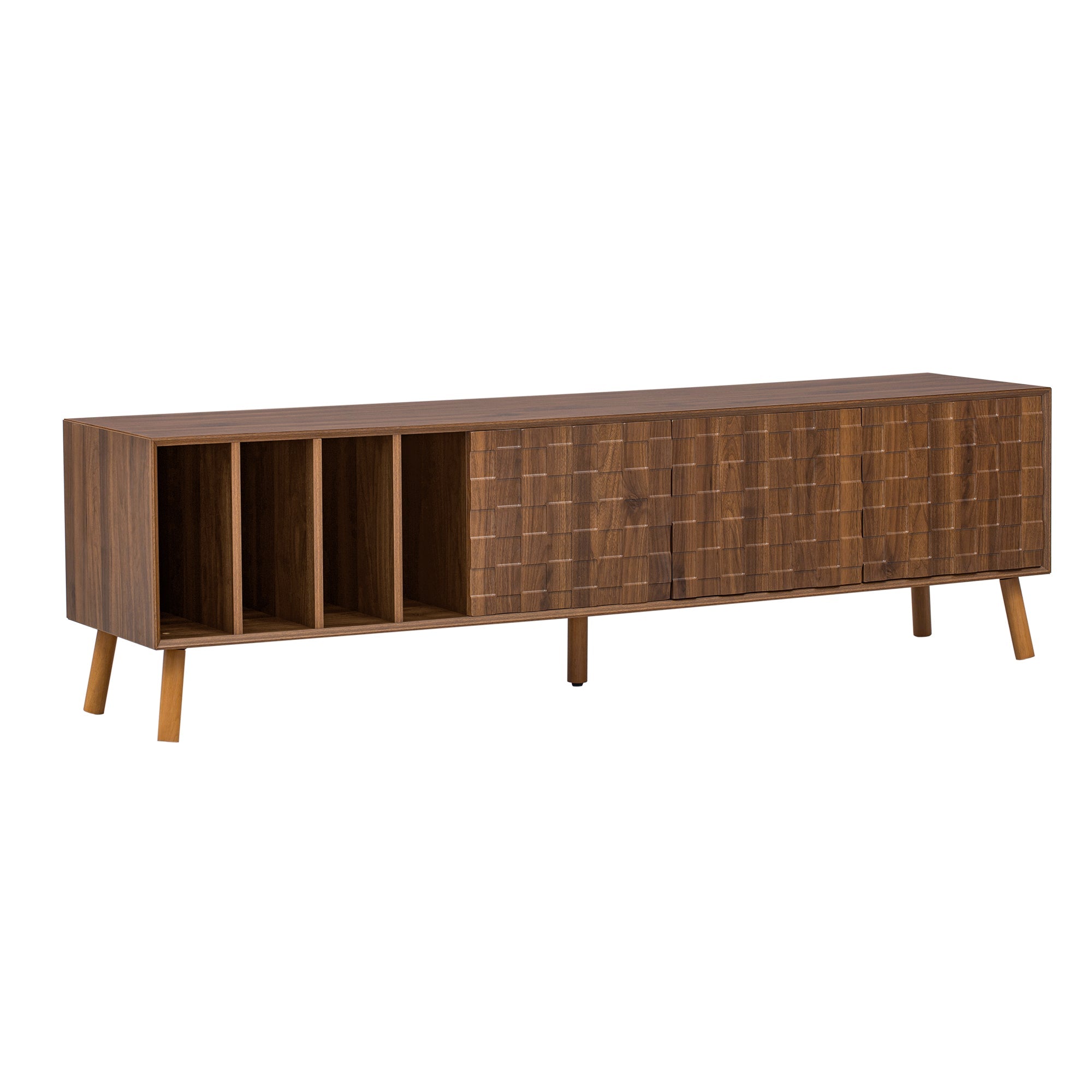 TV Stand Mid-Century Walnut Solid Wood MDF Push-Pop Doors Fits 80 In TV