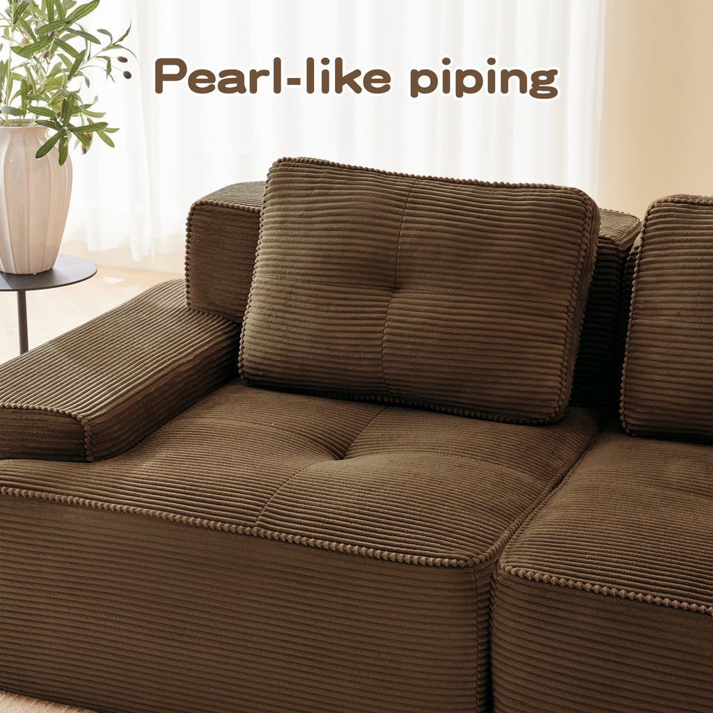 Sectional Sofa L-Shape Corduroy Brown 3 Seat Modular with Ottoman