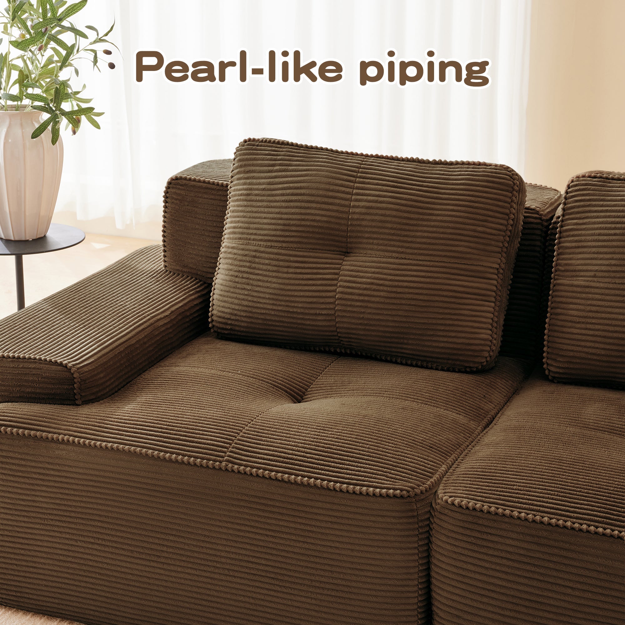 Sectional Sofa L-Shape Corduroy Brown 3 Seat Modular with Ottoman