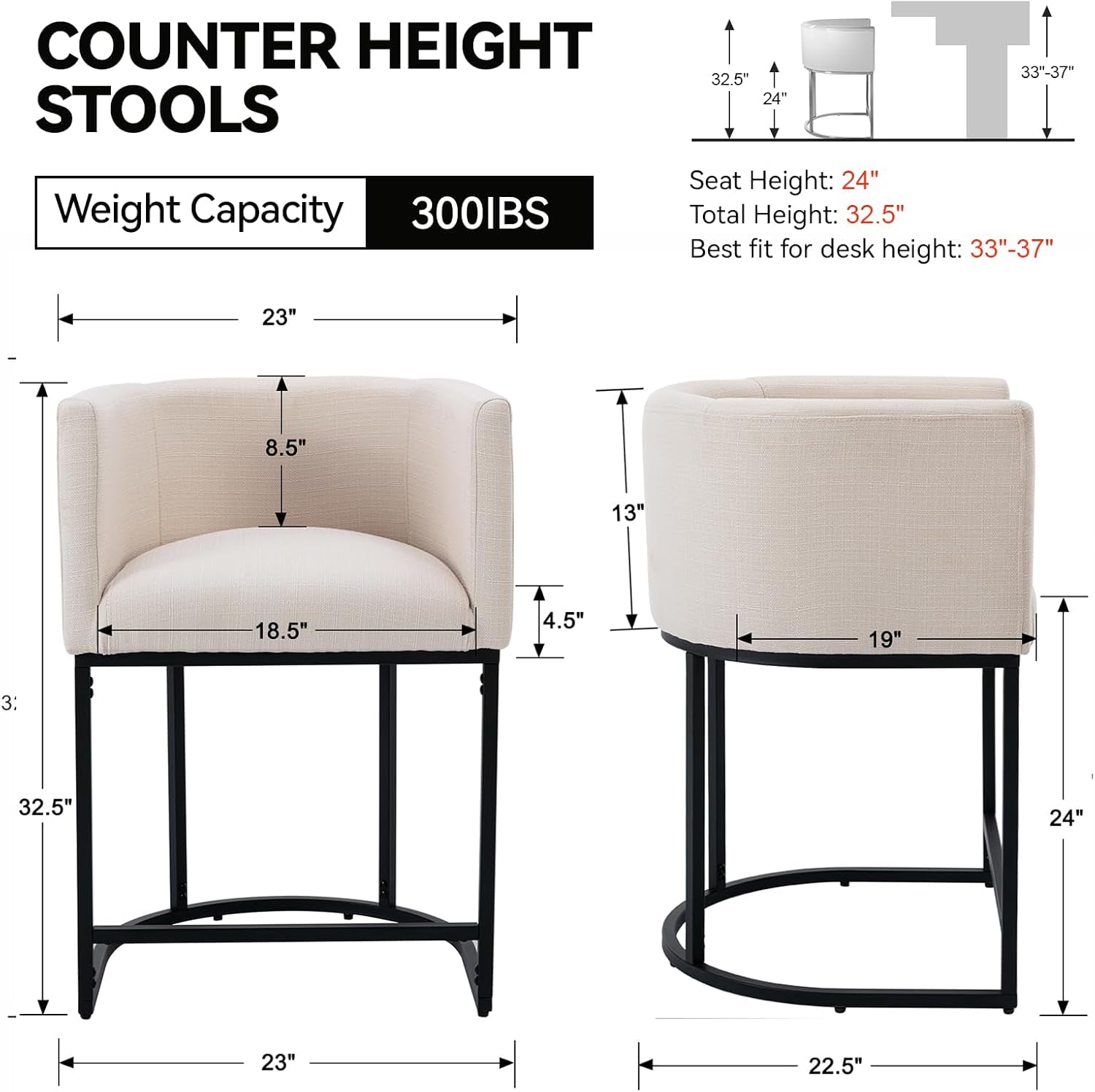 Contemporary Cream Linen Bar Stools Set Of 3 24 In