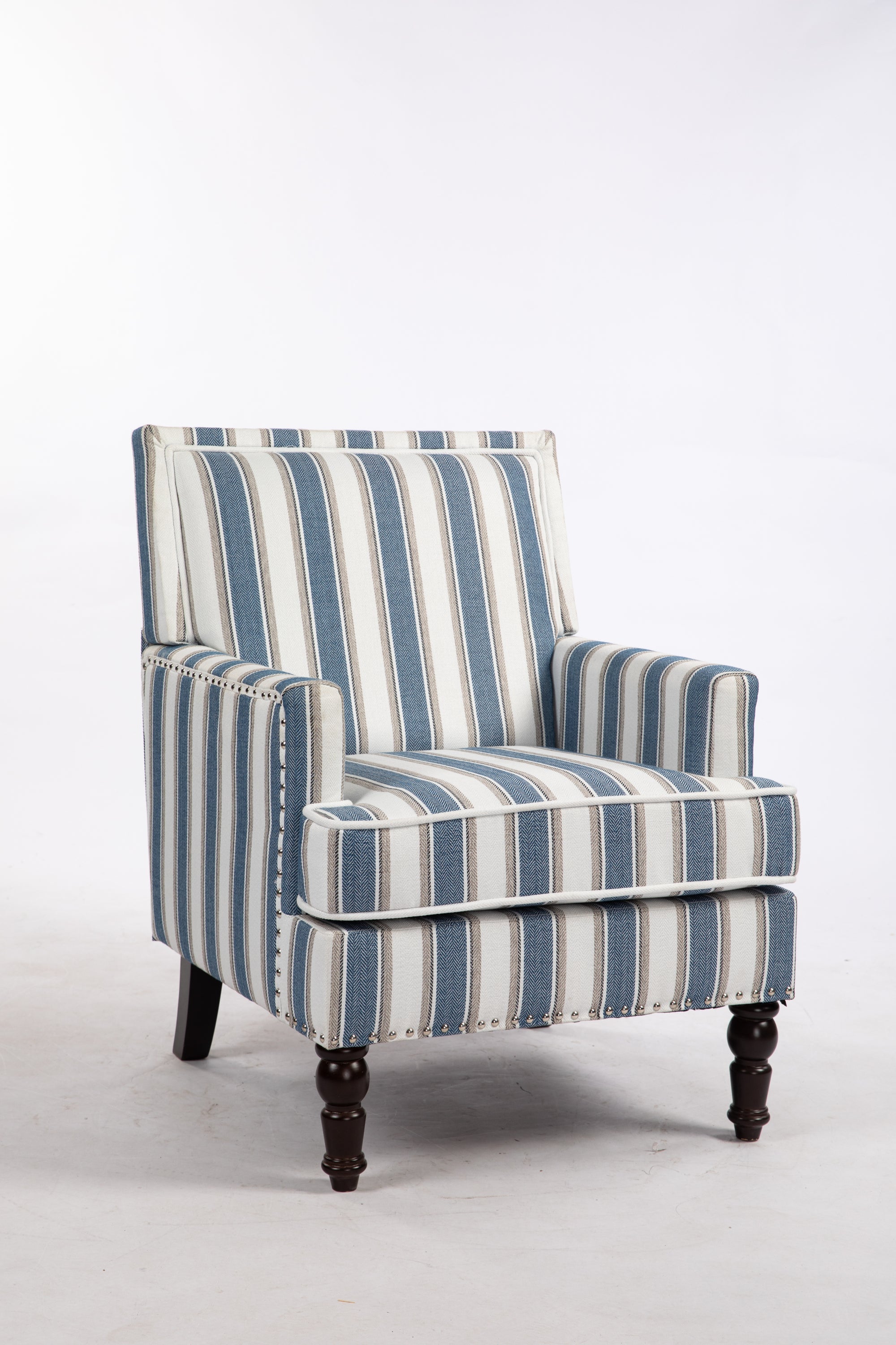 Accent Chair Vintage Striped Linen Blue White Nailhead Solid Wood Legs