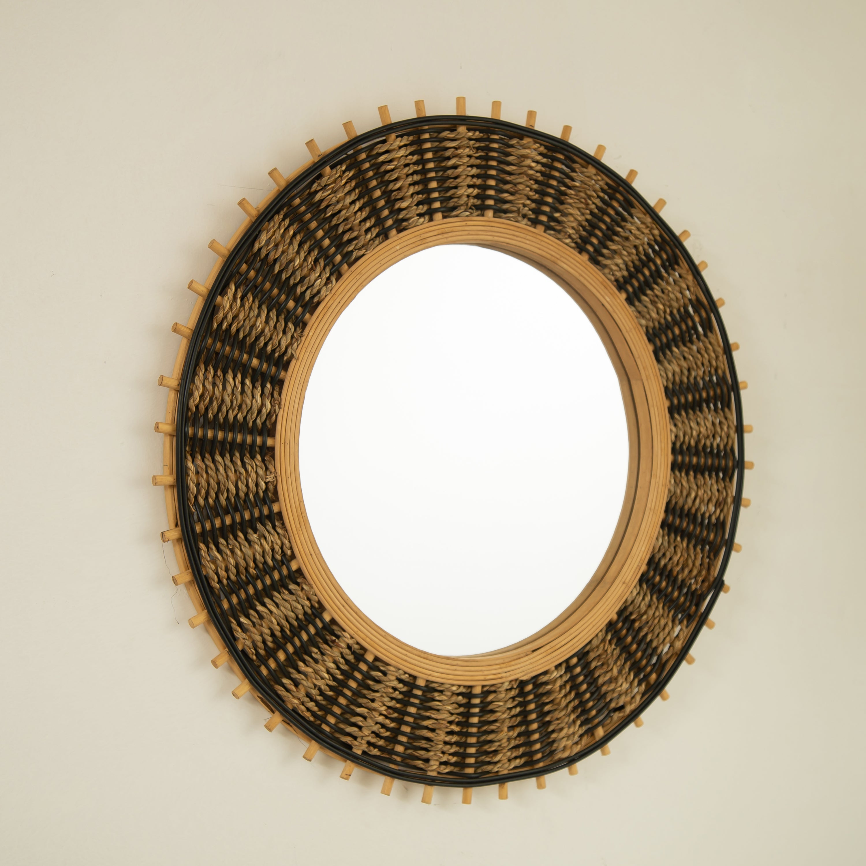 Round Wall Mirror Boho Bamboo Natural Frame 23-inch Large Living Room