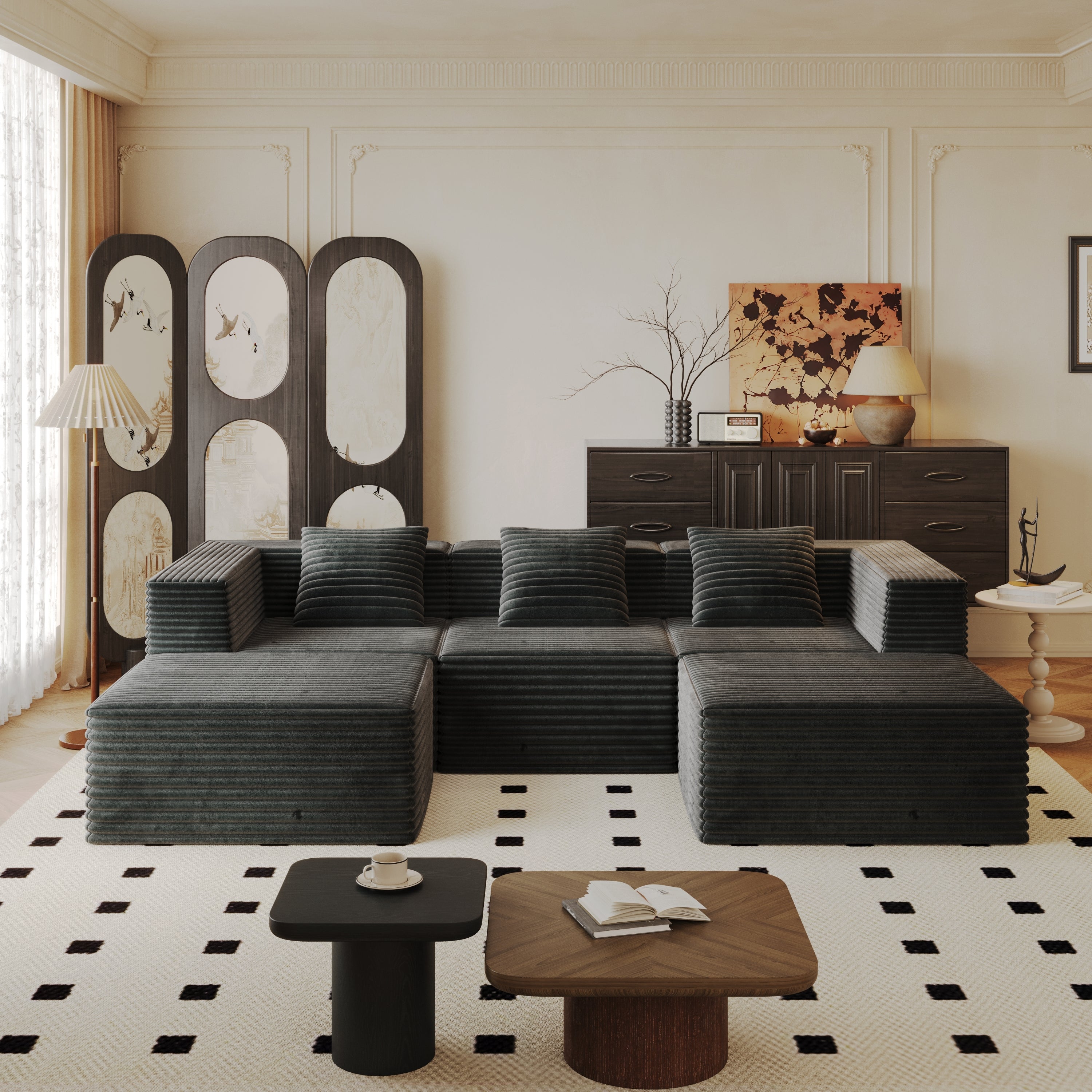 Sectional Sofa Modern Grey Modular Three Seater with Two Ottomans Deep Seat