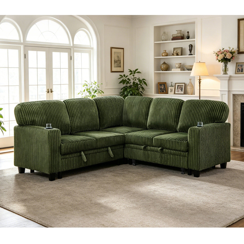 Sofa Bed L-Shape Corduroy Olive Green 5 Seat Pull-Out USB Ports 81 In