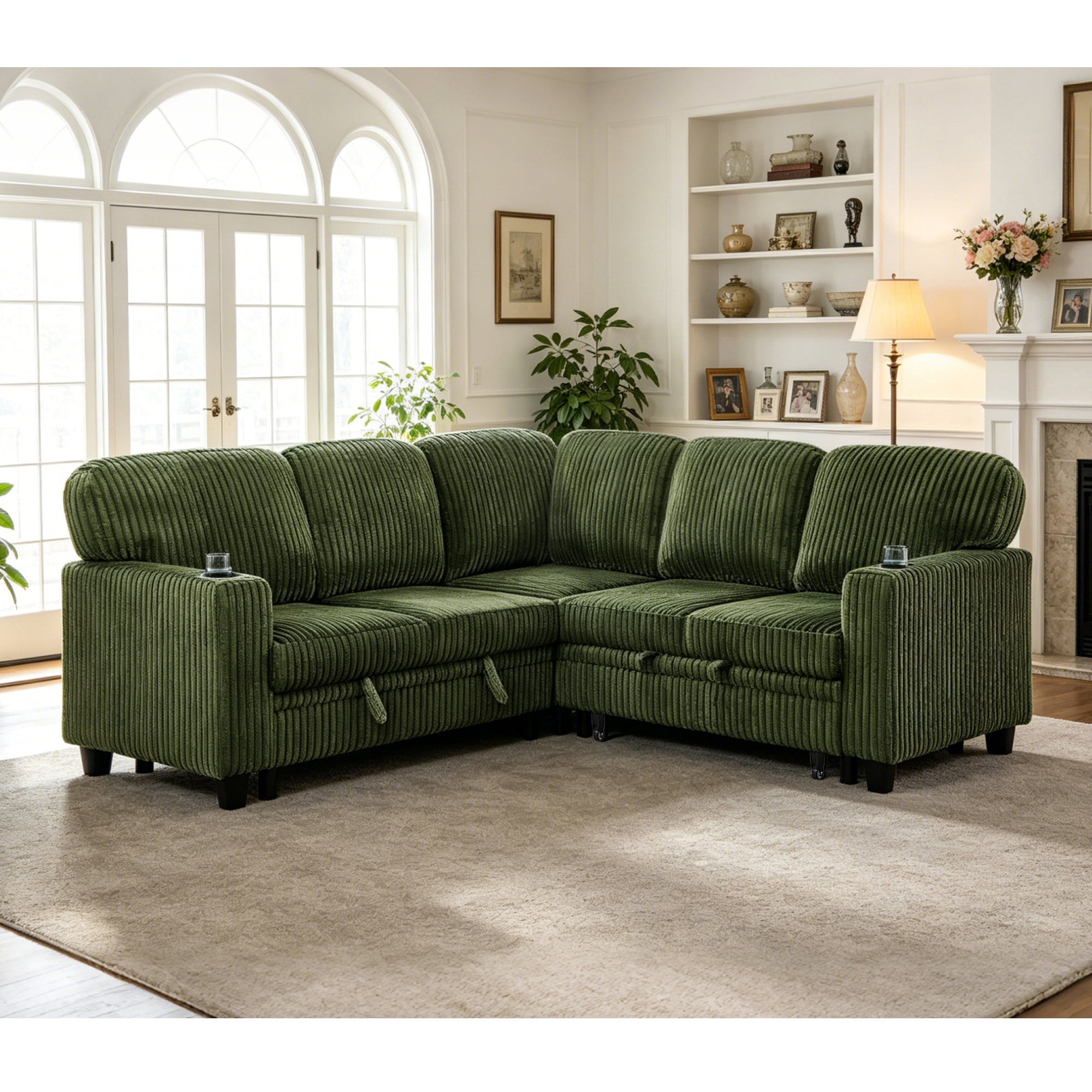 Sofa Bed L-Shape Corduroy Olive Green 5 Seat Pull-Out USB Ports 81 In