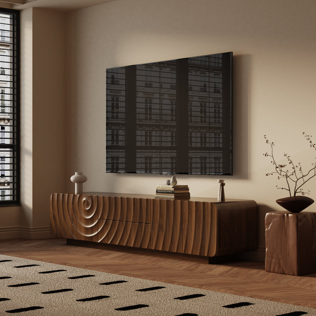 TV Stand Mid-Century Spiral Wave Walnut MDF Floating Base Fits 85 In TV