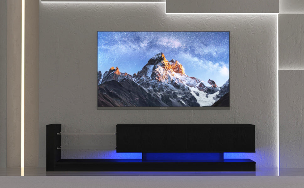 TV Stand LED Black Particle Board Tempered Glass Shelves Fits 75 In TV