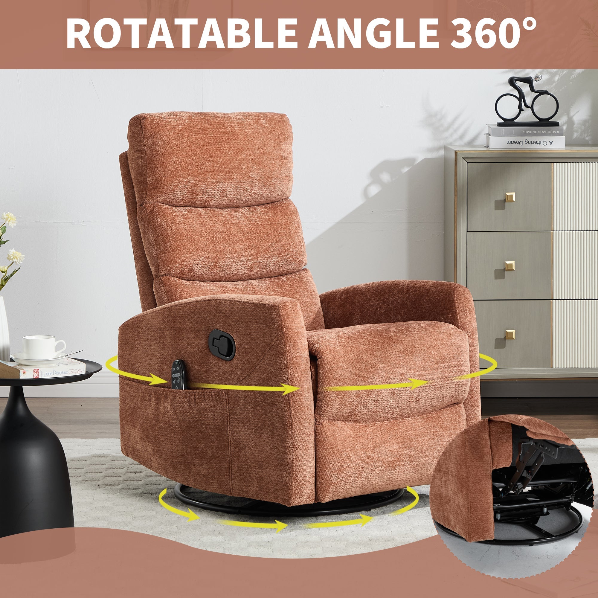 Heat Massage Manual Recliner Chair with Rocker and Swivel in Fabric for Living Room, Orange