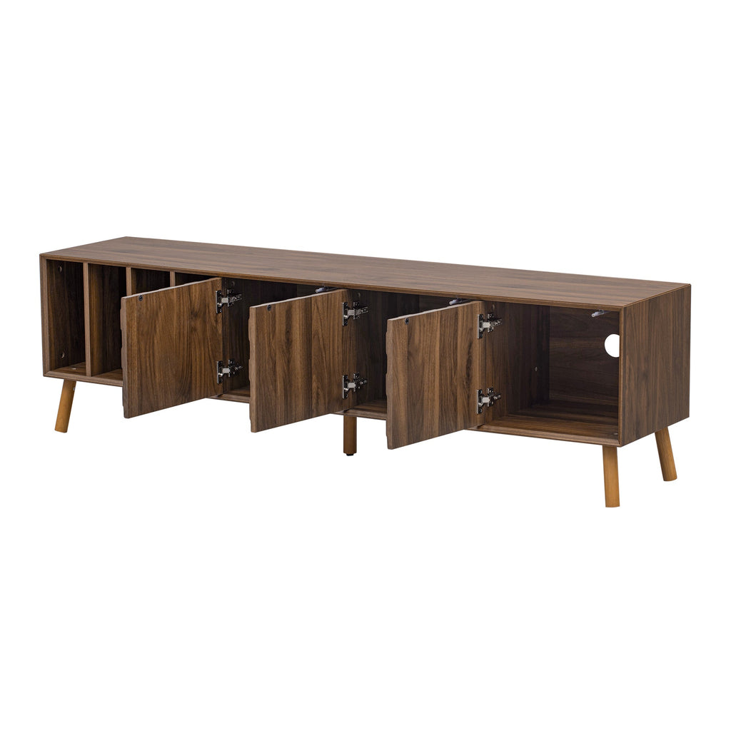 TV Stand Mid-Century Walnut Solid Wood MDF Push-Pop Doors Fits 80 In TV