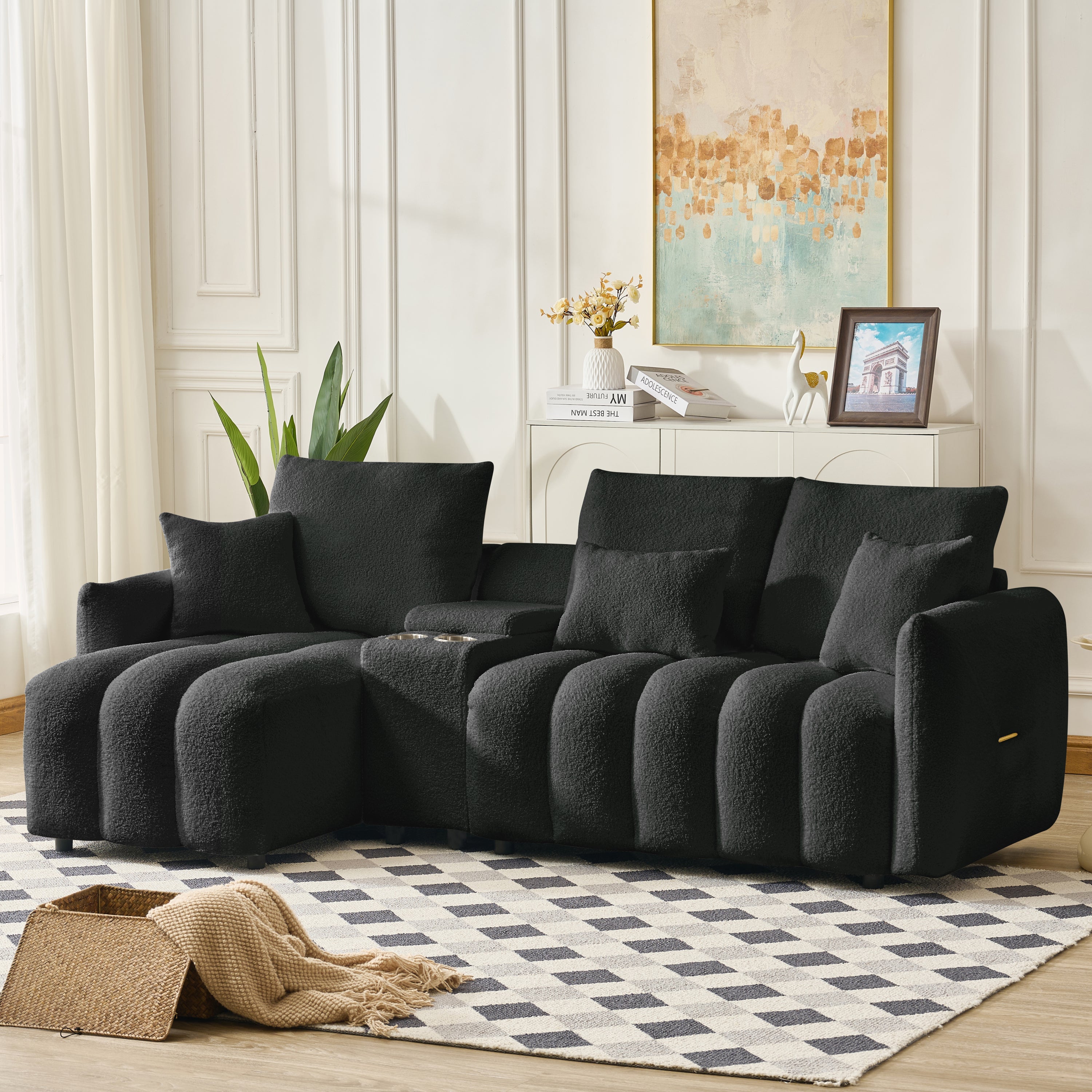 Sectional Sofa Cloud Teddy Fabric with Console USB Charger Cup Holders