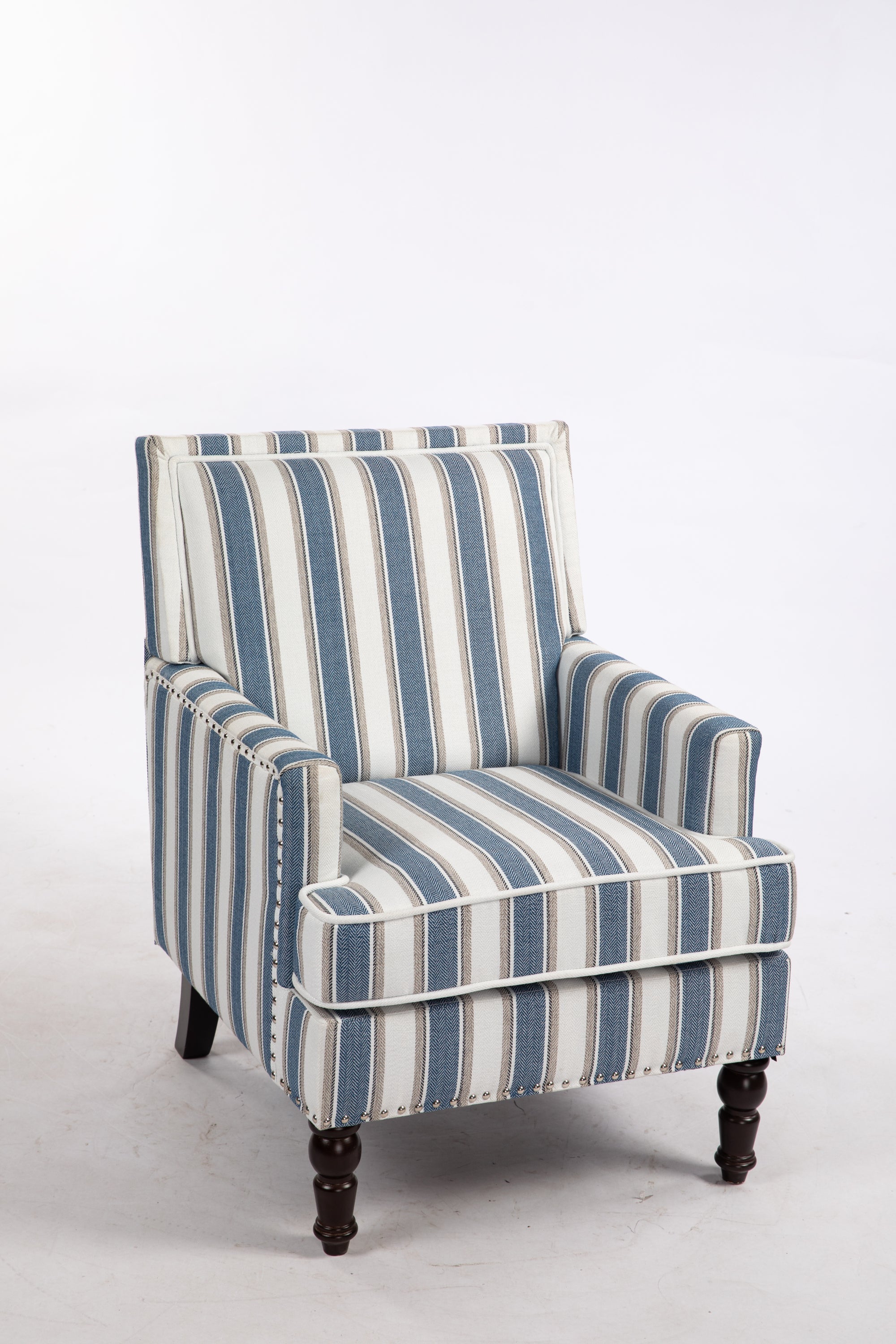 Accent Chair Vintage Striped Linen Blue White Nailhead Solid Wood Legs