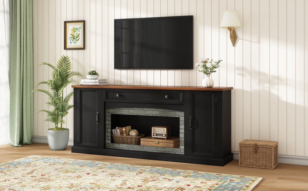 TV Stand Modern Walnut Top Gray Brick MDF Sliding Door Fits 70 In TV 66.9 In