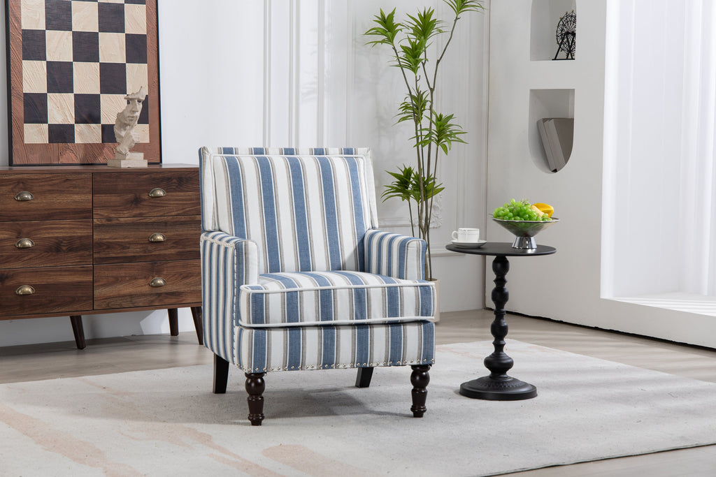 Accent Chair Vintage Striped Linen Blue White Nailhead Solid Wood Legs