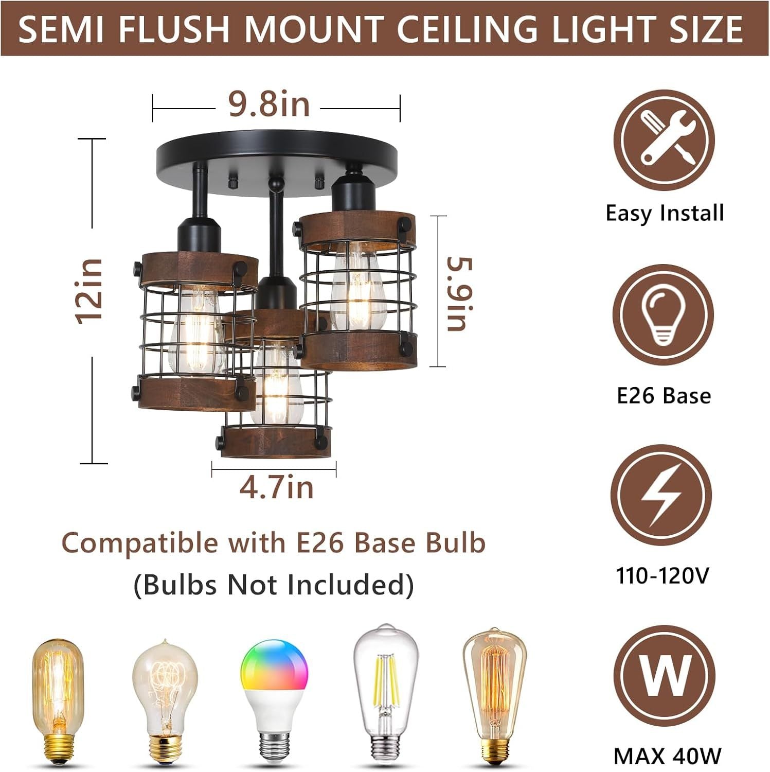 Semi Flush Mount Ceiling Light 3-Light Farmhouse Chandelier Fixtures