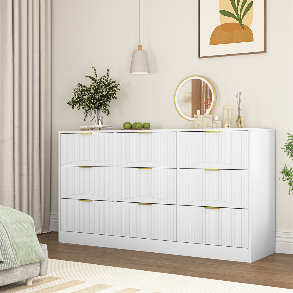 Dresser Classic 9-Drawer White Particle Board Gold Handles 63x15.74 In
