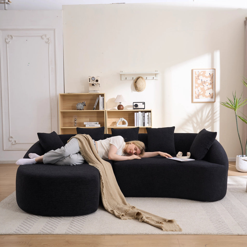 Sectional Sofa l Shaped with Curved Chaise Black Chenille Sleeper