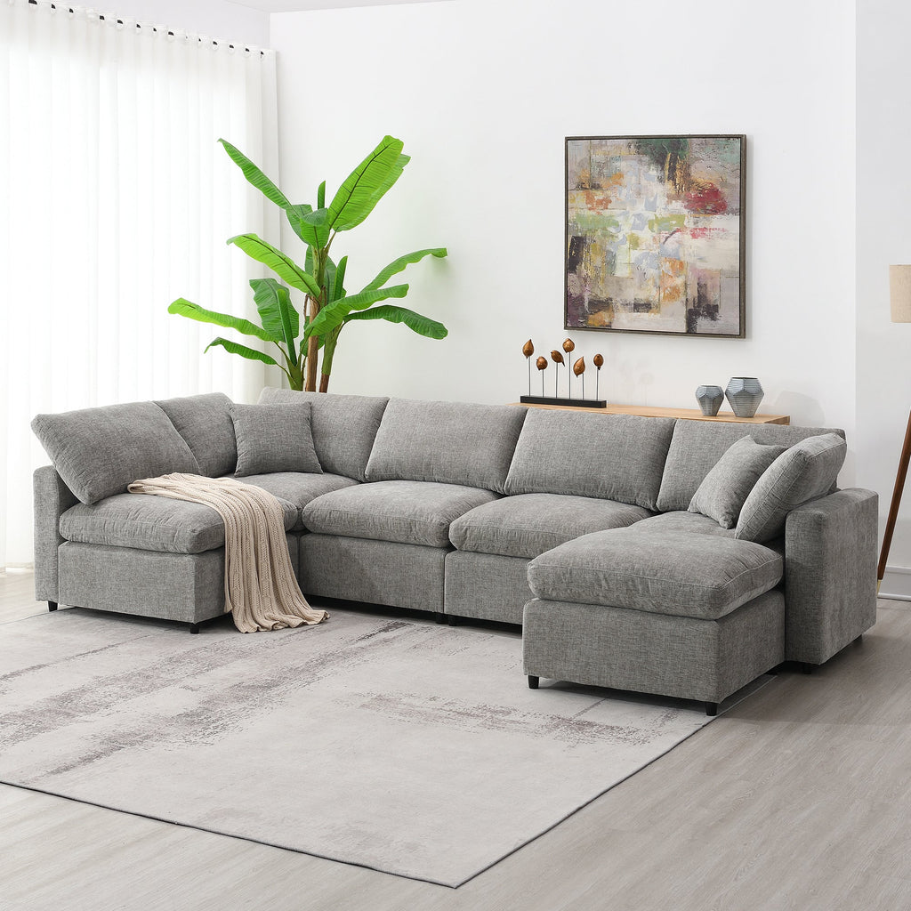Sofa Modular U-Shape Chenille Gray 6 Seat Convertible Ottoman 130 In