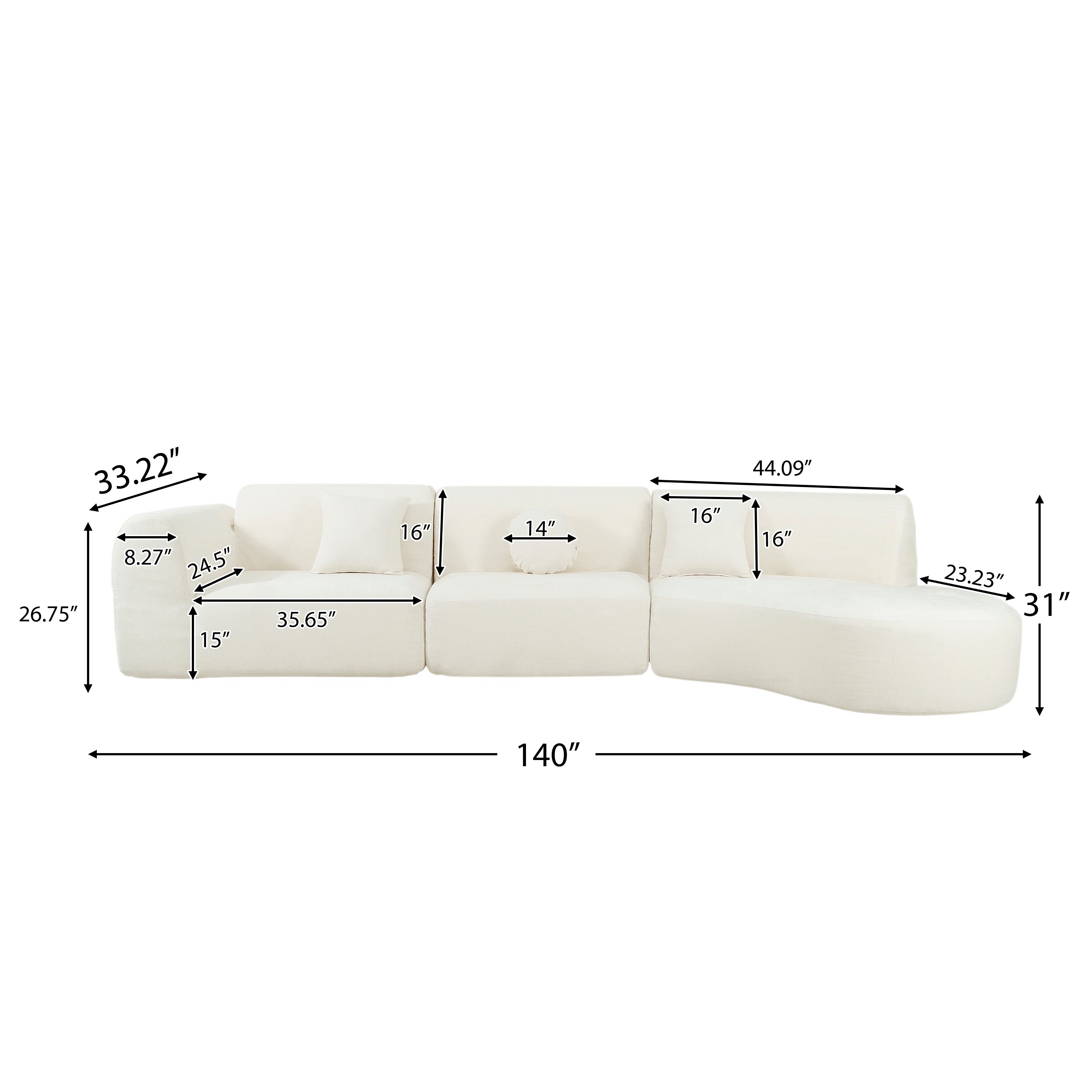 140' Modern Curved Sectional Sofa with High-Density Fully Compressed Sponge and Chaise Lounge, 3-Piece Set, Fully Assembled Right Hand Facing, Perfect for Living Room, Lounge