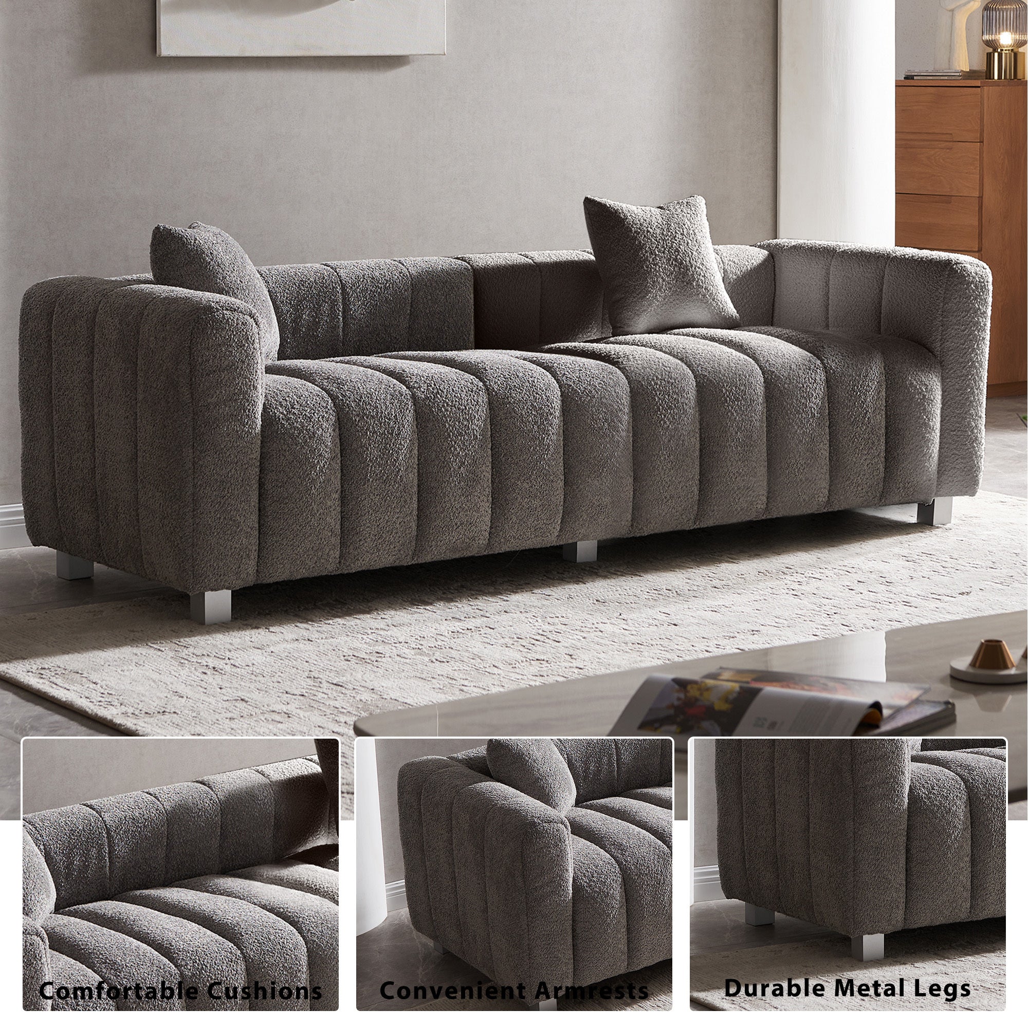 Sofa Modern Bubble Velvet Upholstered with Metal Base Legs 3 Seater