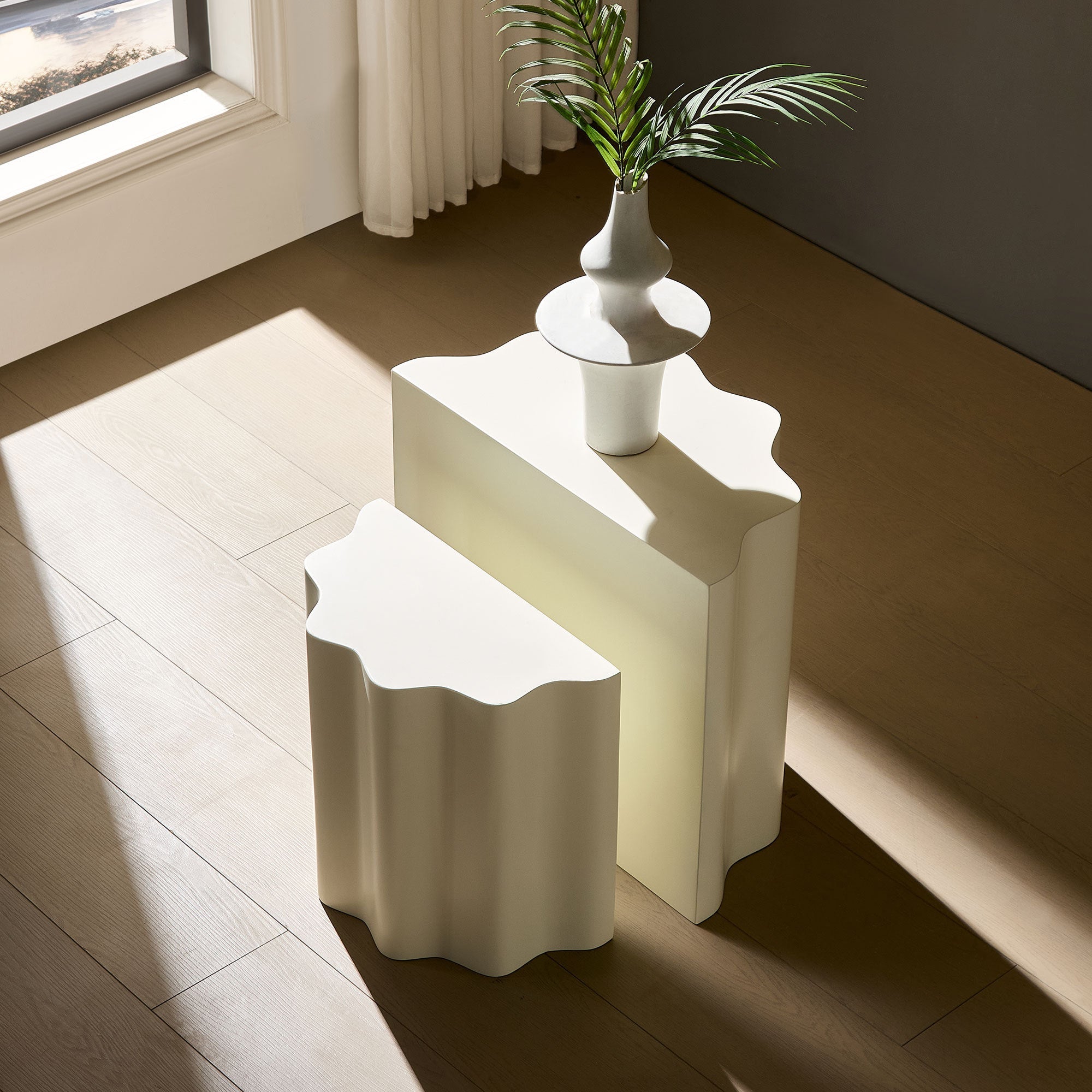 Set of 2 Wavy Edge Fiberglass Side Tables, Modern Design, No Assembly
