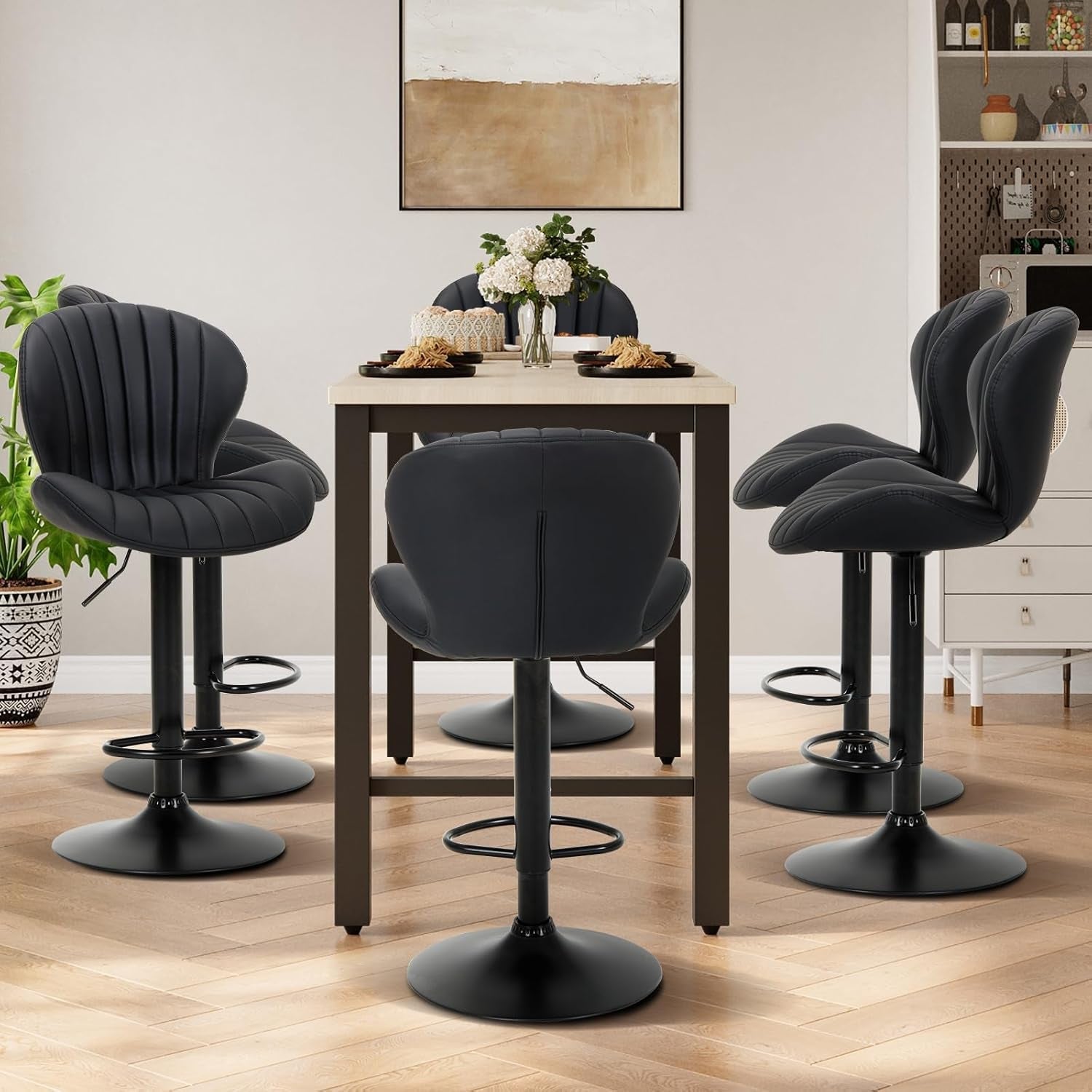 Black Adjustable Faux Leather Swivel Bar Stool Set Of Four