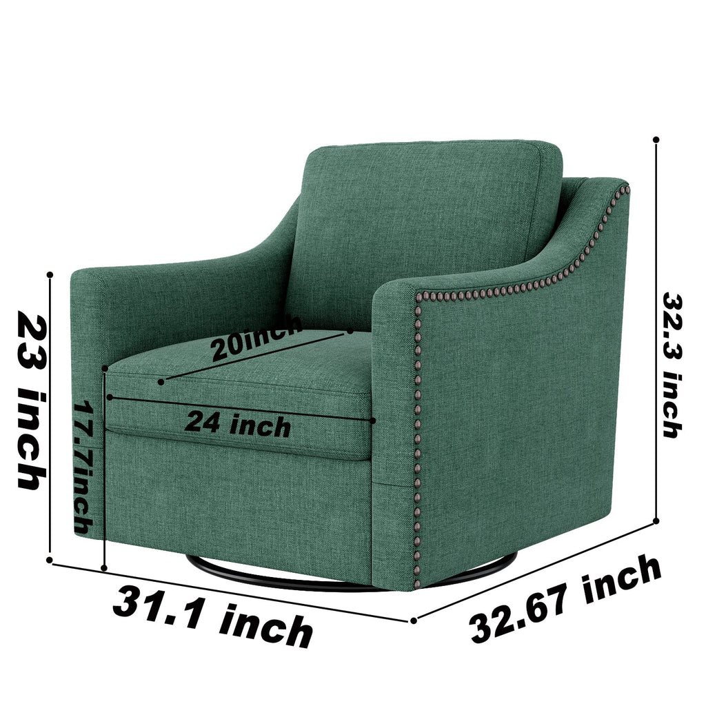 Accent Chair Swivel 360 Degree Linen Blackish Green Brass Nailheads 300 LB