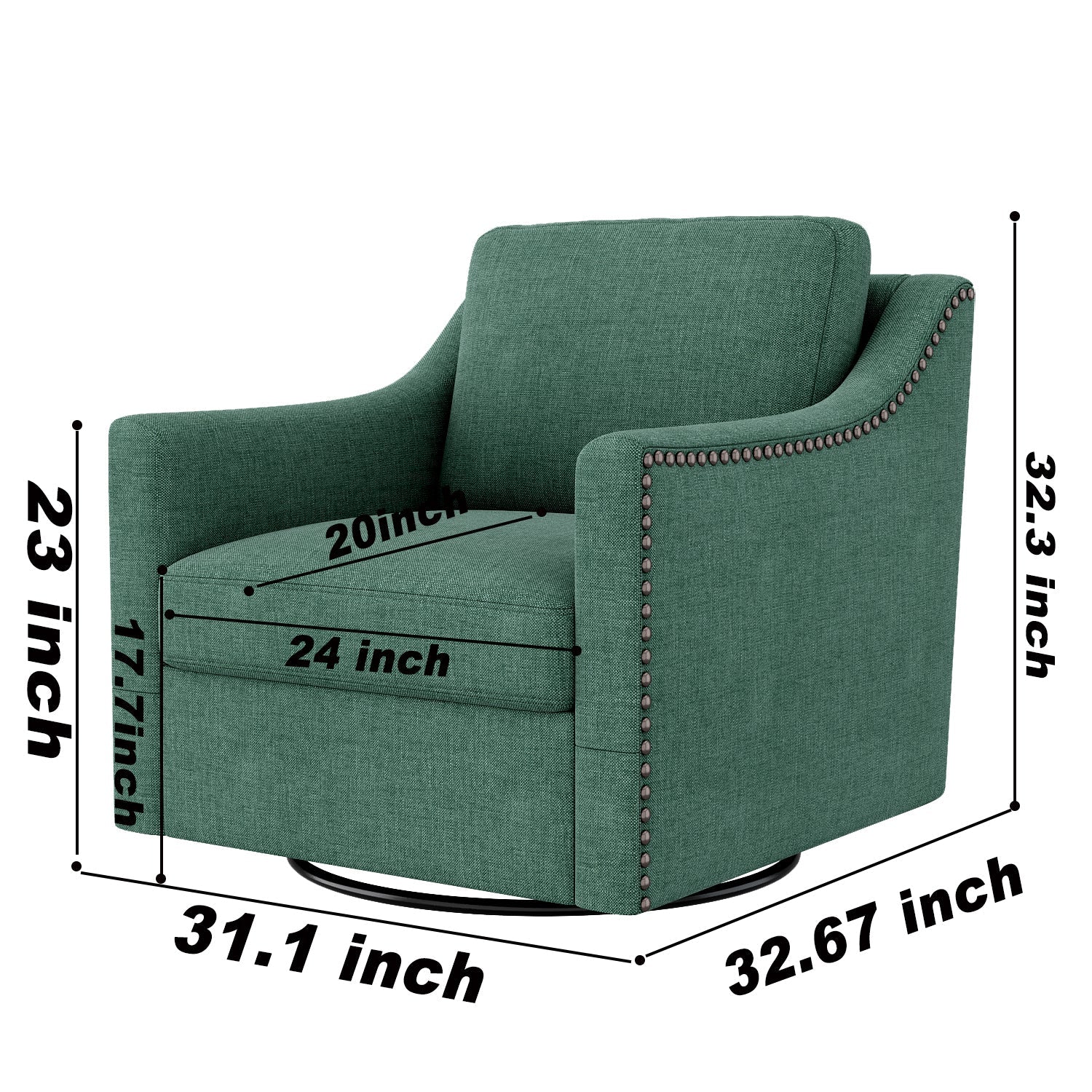 Accent Chair Swivel 360 Degree Linen Blackish Green Brass Nailheads 300 LB
