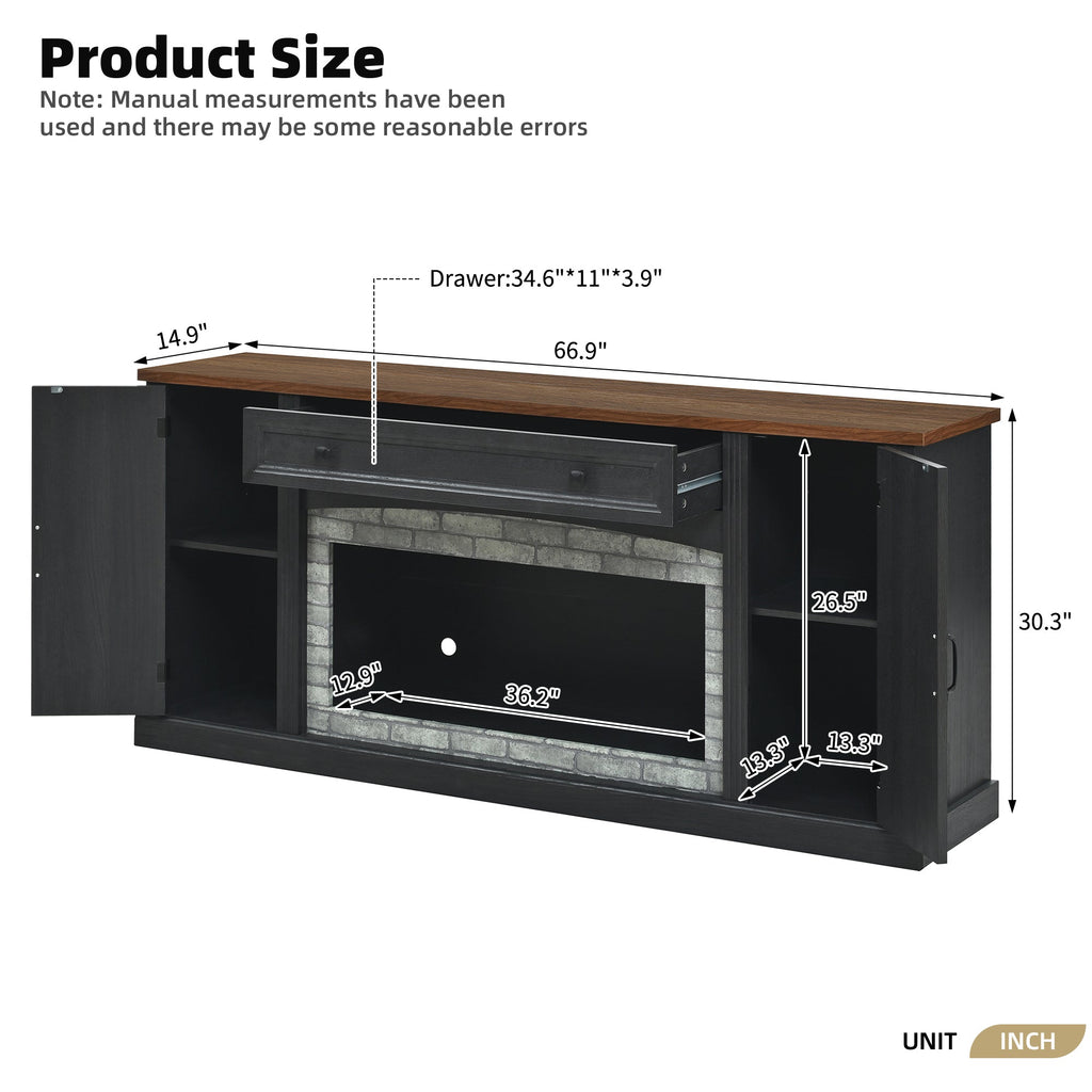 TV Stand Modern Walnut Top Gray Brick MDF Sliding Door Fits 70 In TV 66.9 In