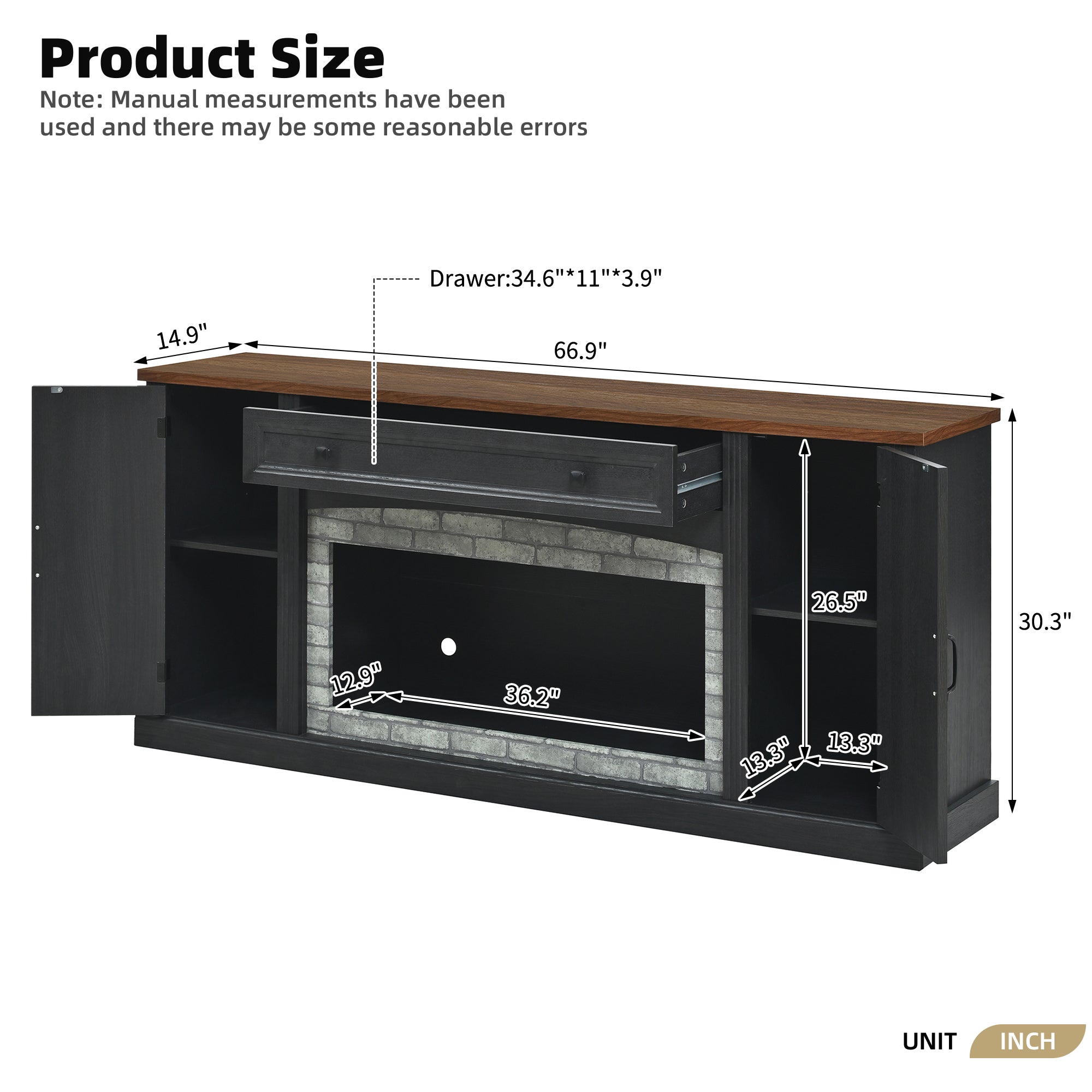 TV Stand Modern Walnut Top Gray Brick MDF Sliding Door Fits 70 In TV 66.9 In