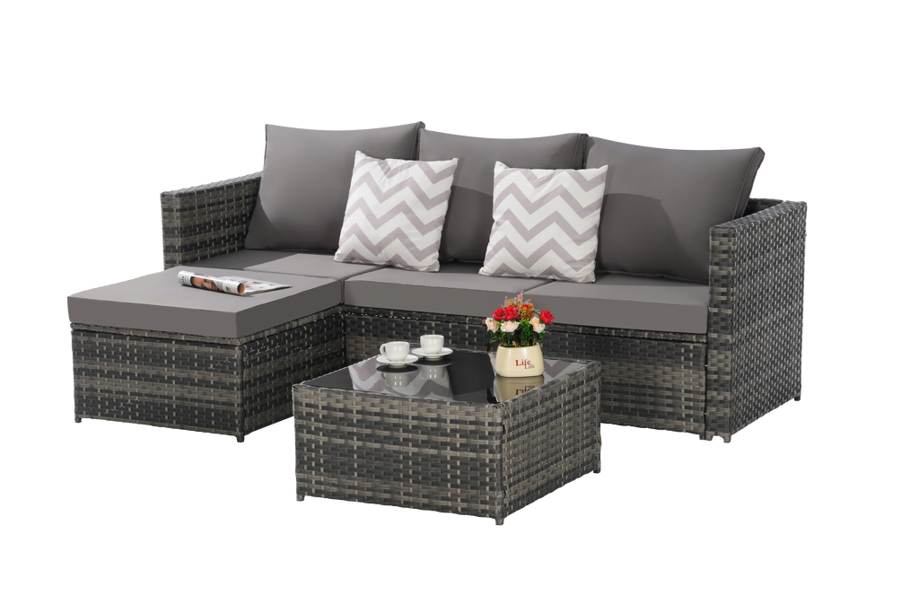 Outdoor Patio Set PE Rattan Metal Dark Gray 3 Piece Ottoman Table