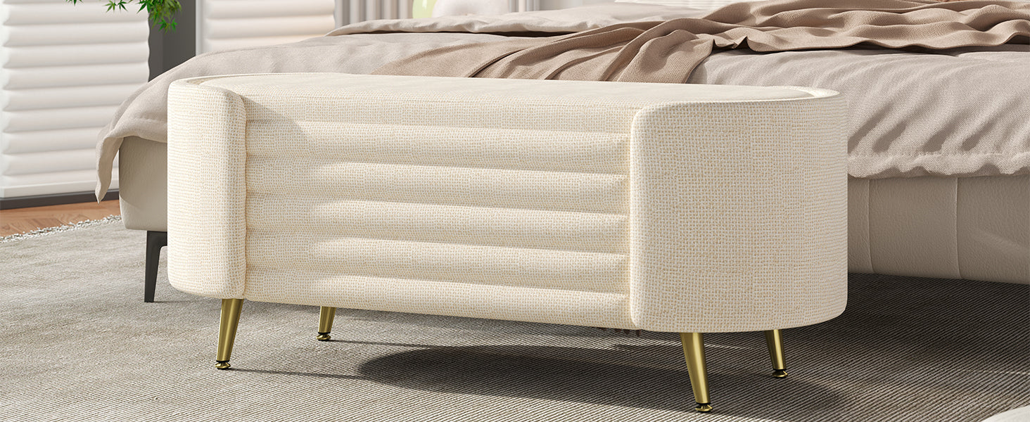 Storage Ottoman Modern Oval Beige Chenille with Metal Legs 44.9l X 18.3W X 18.5h