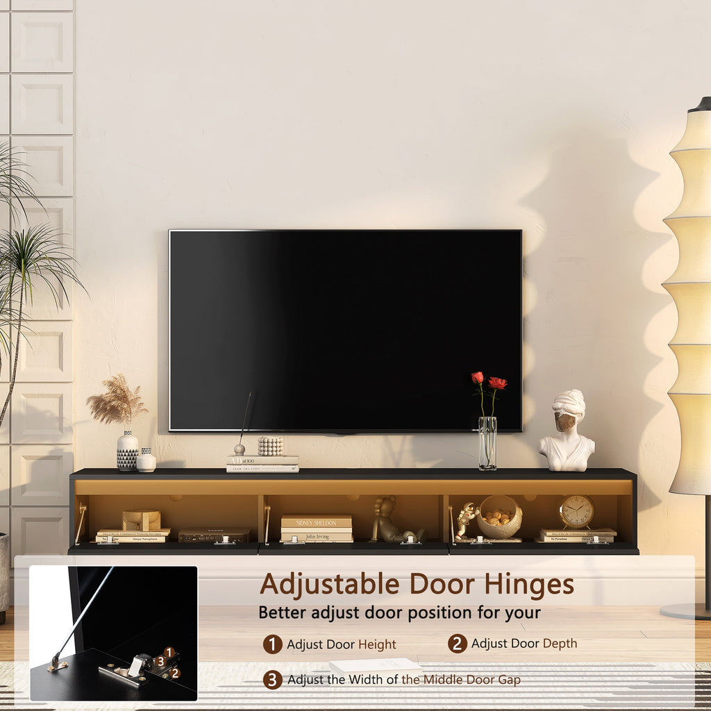 TV Stand Wall-Mounted Floating LED Black MDF 3 AC 2 USB Fits 65 In TV