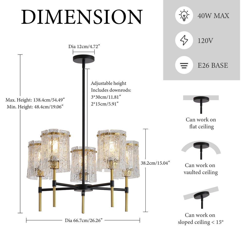 Chandelier 5-Light Black Gold Farmhouse Textured Glass Pendant Modern