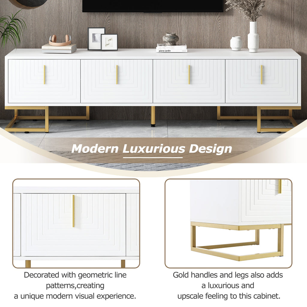 TV Stand Modern White Gold Geometric Door MDF Adjustable Shelves Fits 80 In