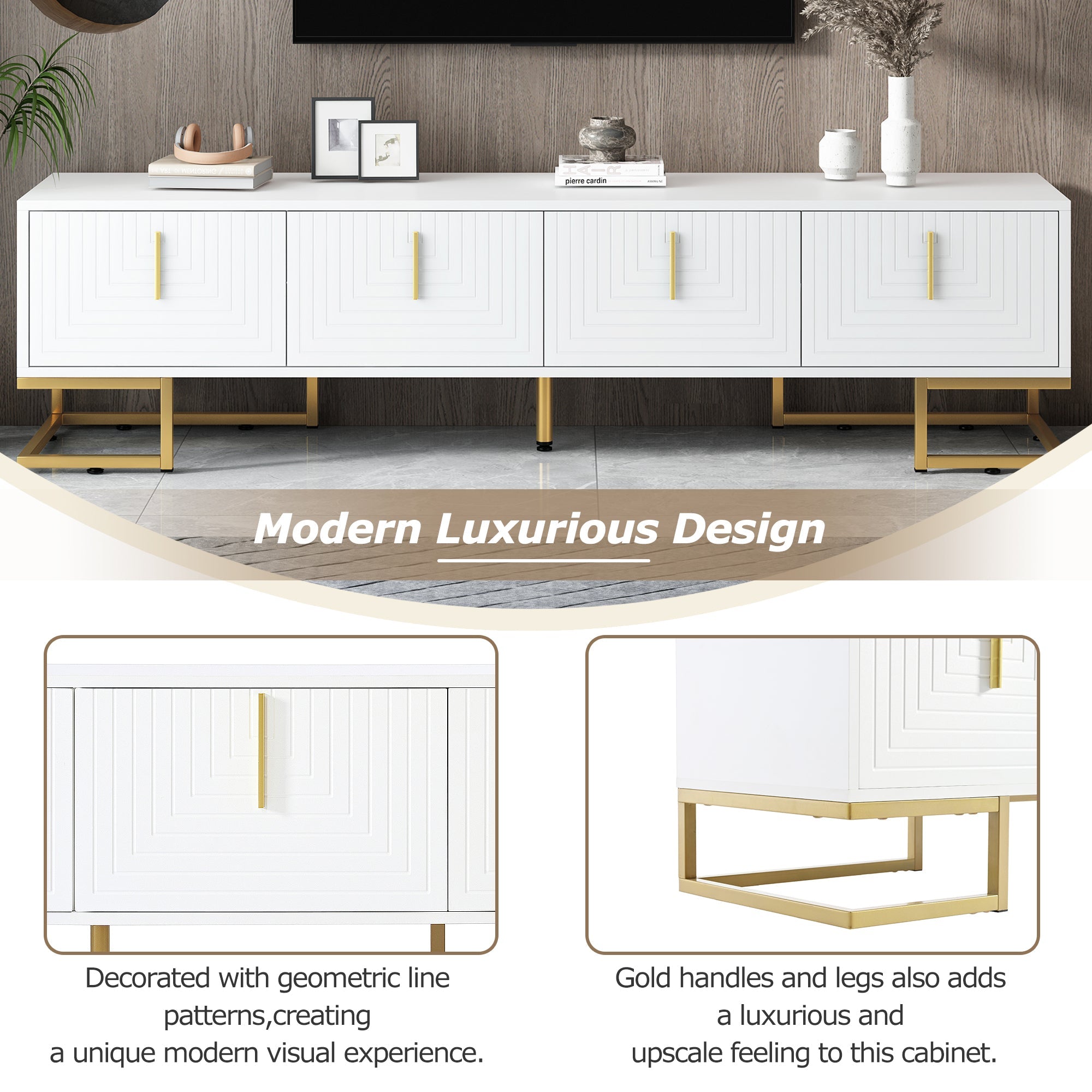 TV Stand Modern White Gold Geometric Door MDF Adjustable Shelves Fits 80 In