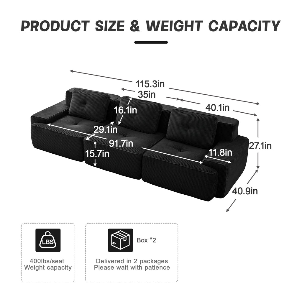 Sectional Sofa Modular Corduroy Black 3 Seater Tufted