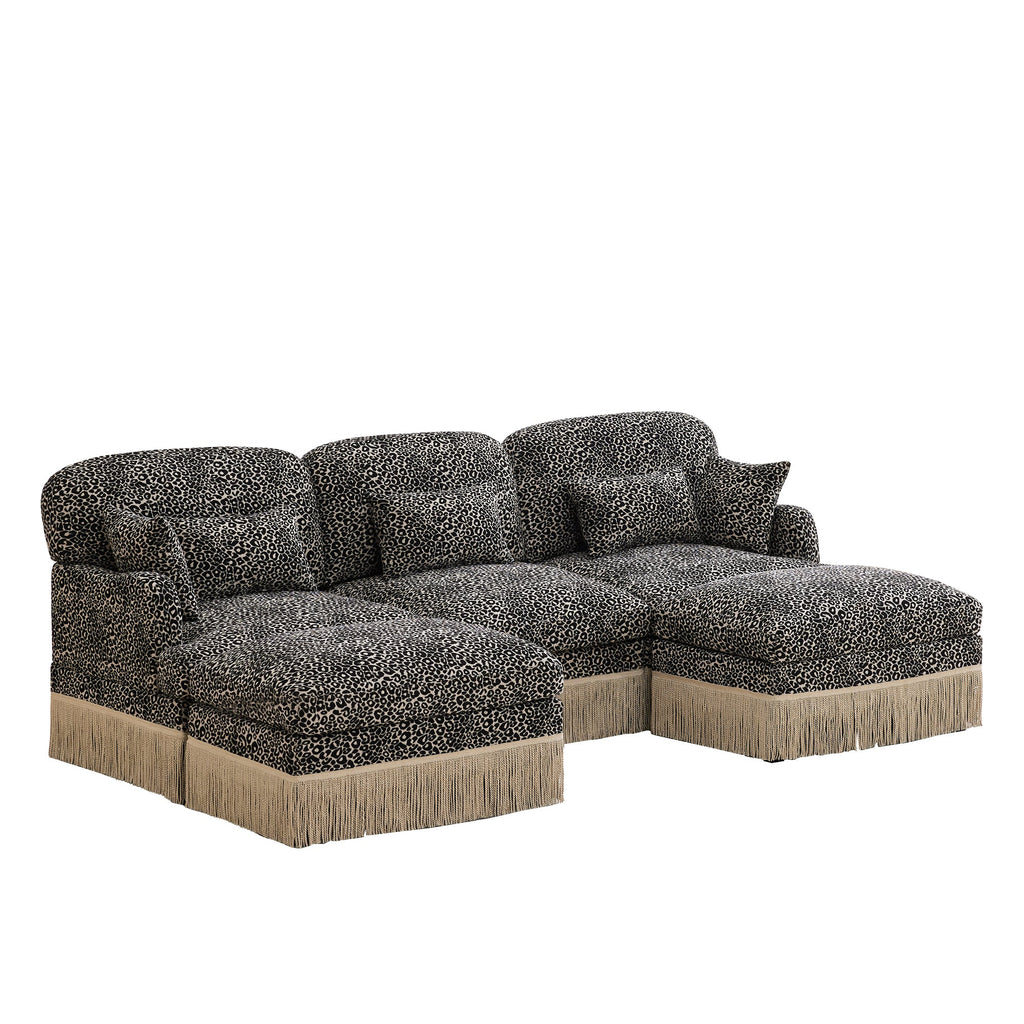 Sectional Sofa Modern Leopard Chenille Khaki Black 4-seater Deep Seat