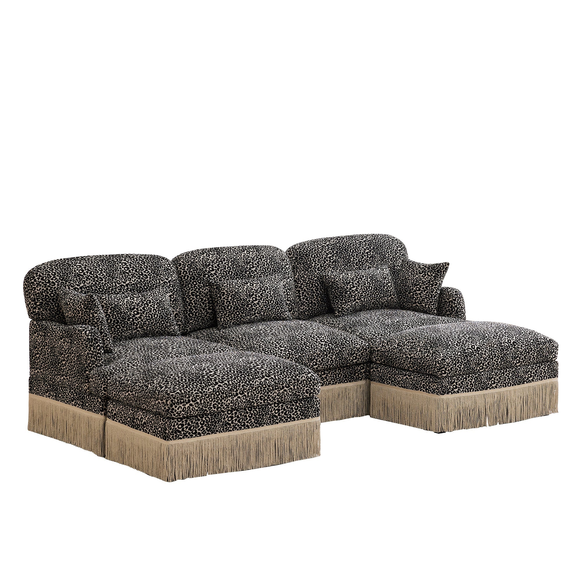 Sectional Sofa Modern Leopard Chenille Khaki Black 4-seater Deep Seat