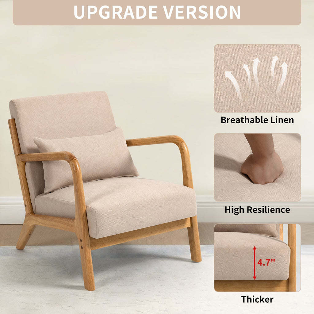 Accent Chair Mid Century Modern Beige Linen with Wood Armrest and Feet One Seat