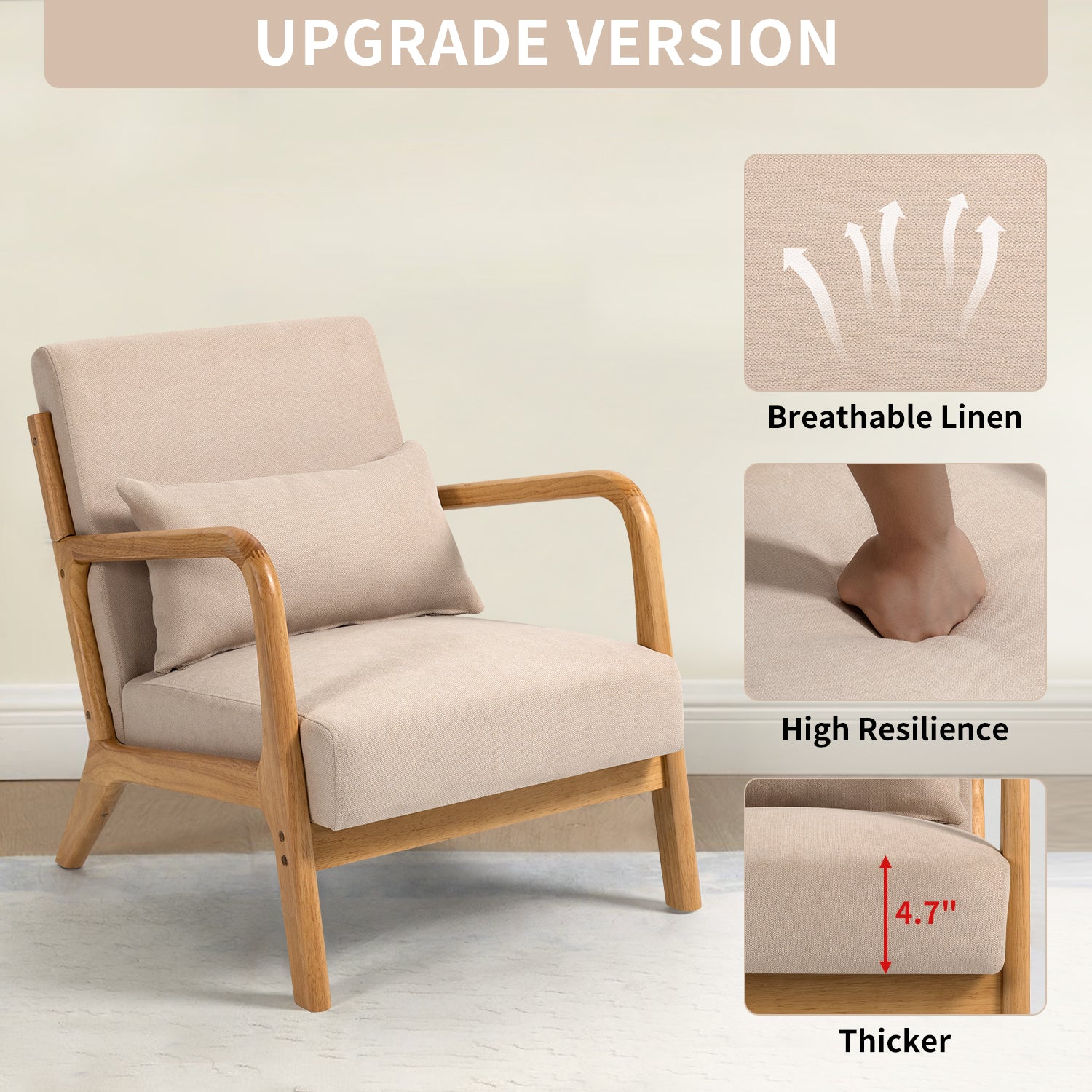 Accent Chair Mid Century Modern Beige Linen with Wood Armrest and Feet One Seat