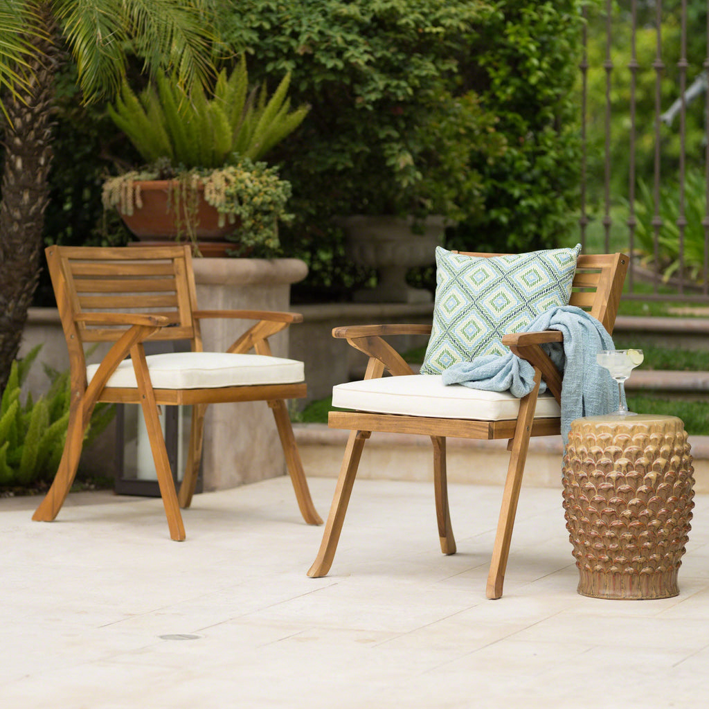 Outdoor Dining Chair Acacia Wood Teak Cream Cushion Set of 2 400 LB 27.5 In