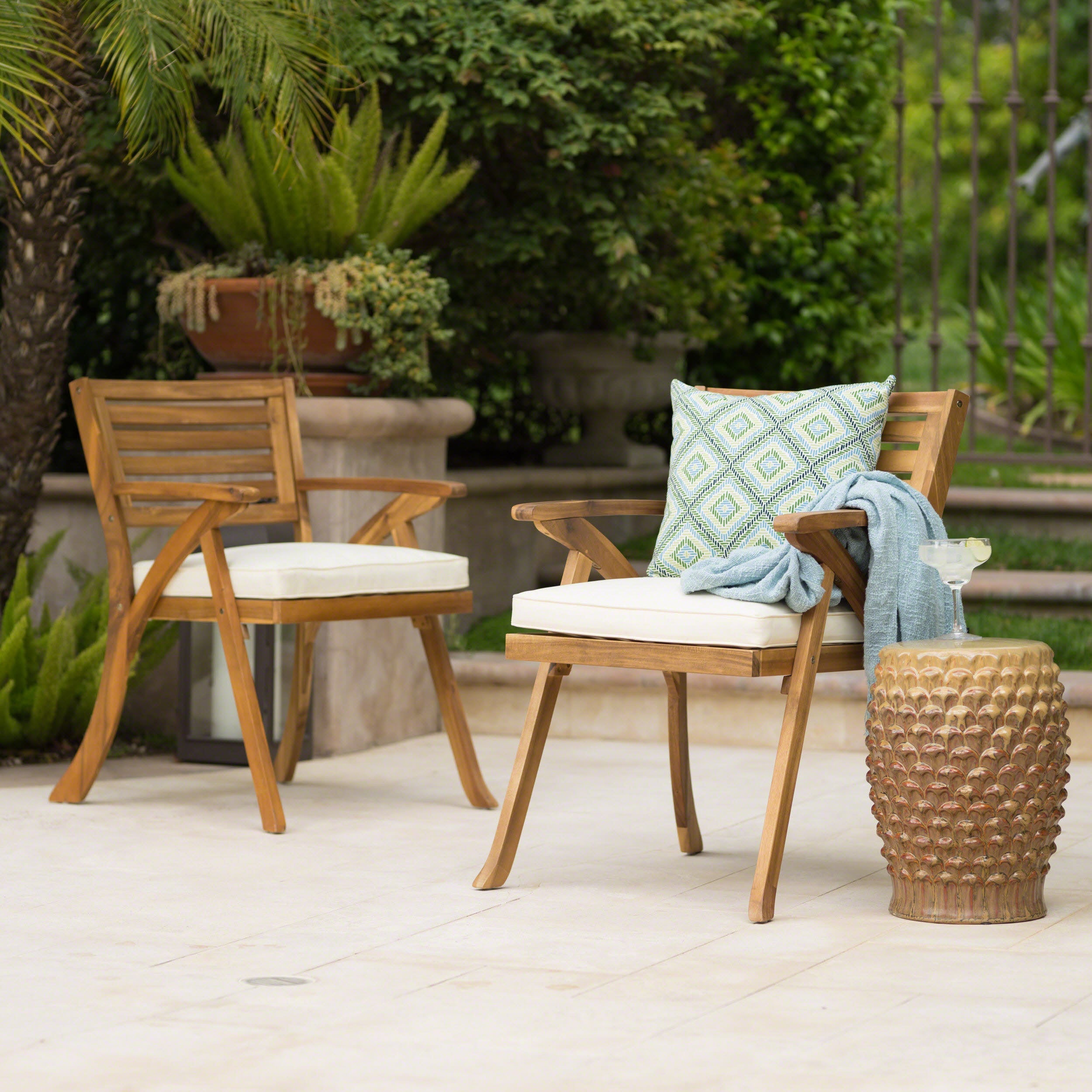 Outdoor Dining Chair Acacia Wood Teak Cream Cushion Set of 2 400 LB 27.5 In