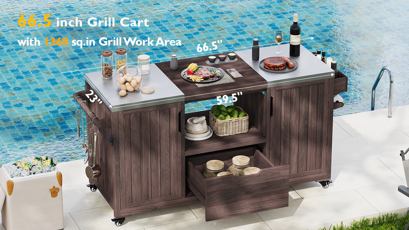 Outdoor Kitchen Island Grill Cart Fir Wood Stainless Steel Top 66.5x23x34 In