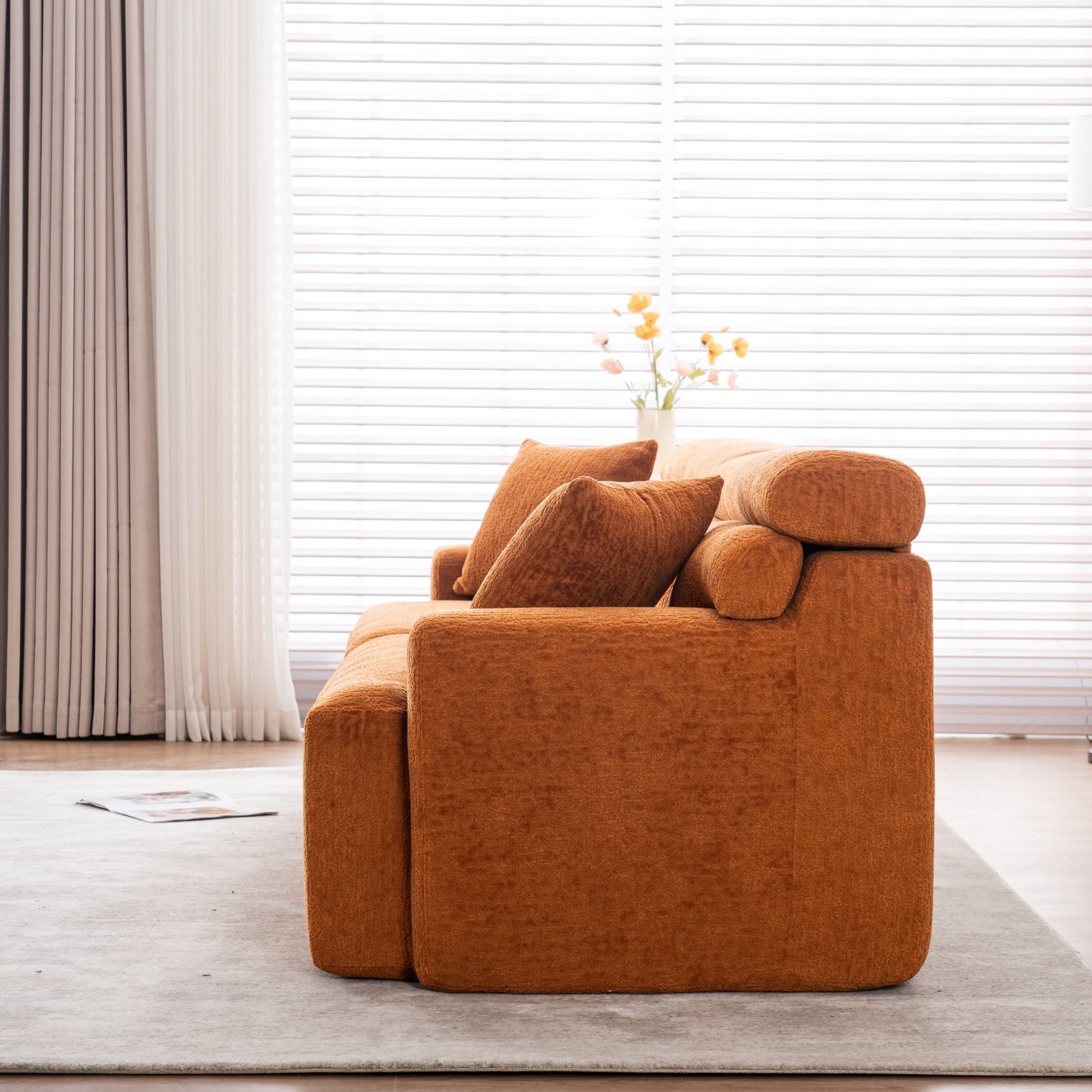 Reconfigurable 4-Seater Sectional Sofa with Wood Grain Chenille Fabric, Amber Orange Modular Sofa with 2 Pillows, High-Density Sponge Couch for Living Room & Apartment
